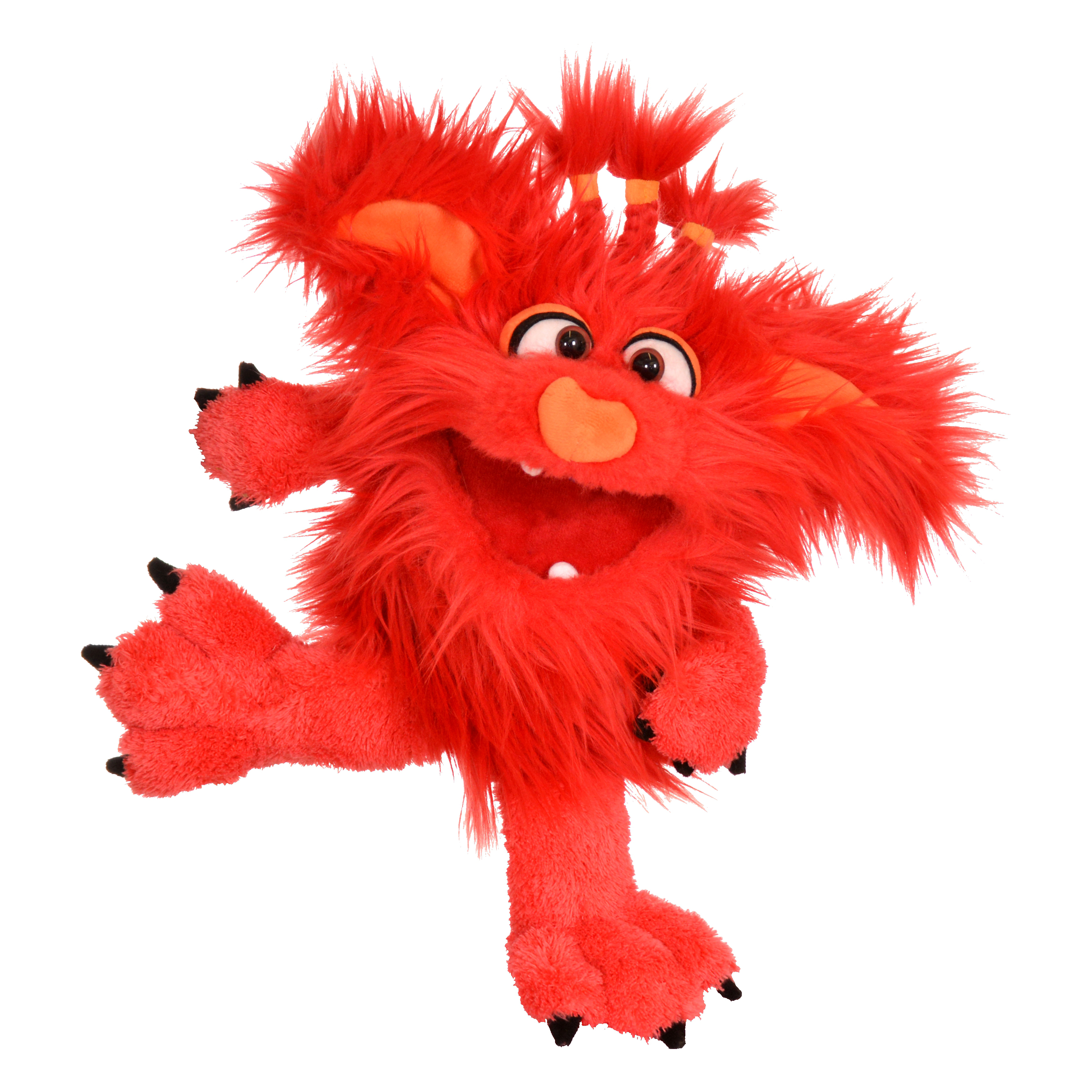 Living Puppets Handpuppe Schnute aus der Serie Monster to go, rotes Zottelmonster mit orangefarbenen Ohren und Nase, in Schrittpose
