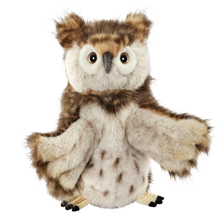 Eule Handpuppe von Hansa Creation mit braun-weiß geflecktem Gefieder, hellen Augen und ausgebreiteten Flügeln