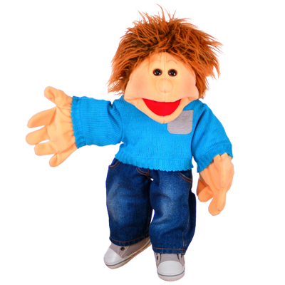 Living Puppets Handpuppe Jo mit Strubbelhaar, türkisem Strickpullover und Jeans