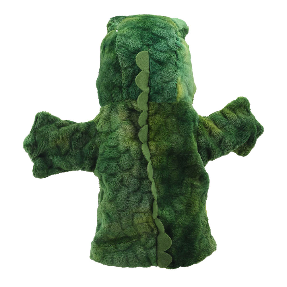 The Puppet Company Handpuppe Krokodil, grüne Handpuppe von hinten mit Zackenreihe entlang des Rückens, Rückansicht