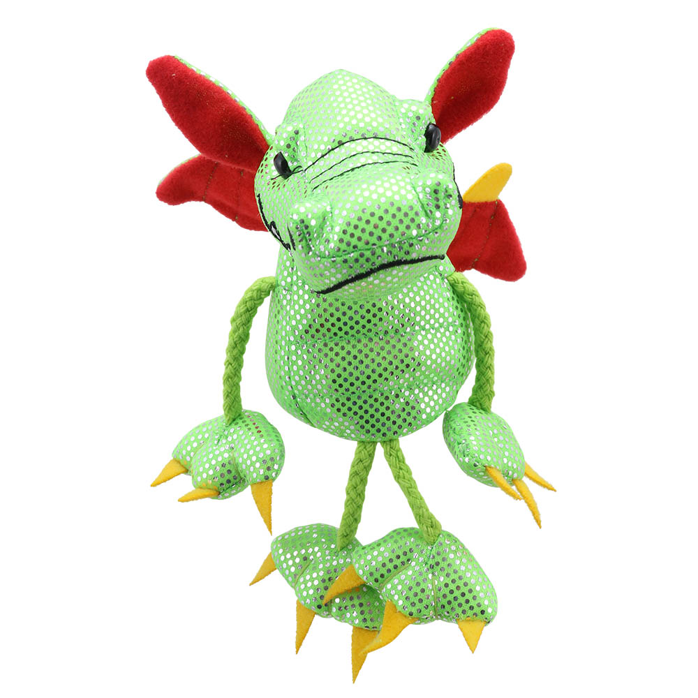 The Puppet Company Fingerpuppe Grüner Drache, grüne glitzernde Fingerpuppe mit roten Ohren, Seitenansicht