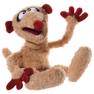 Heunec hand puppet meerkat Henry, beige plush character with red ears, red nose and red hands, seated