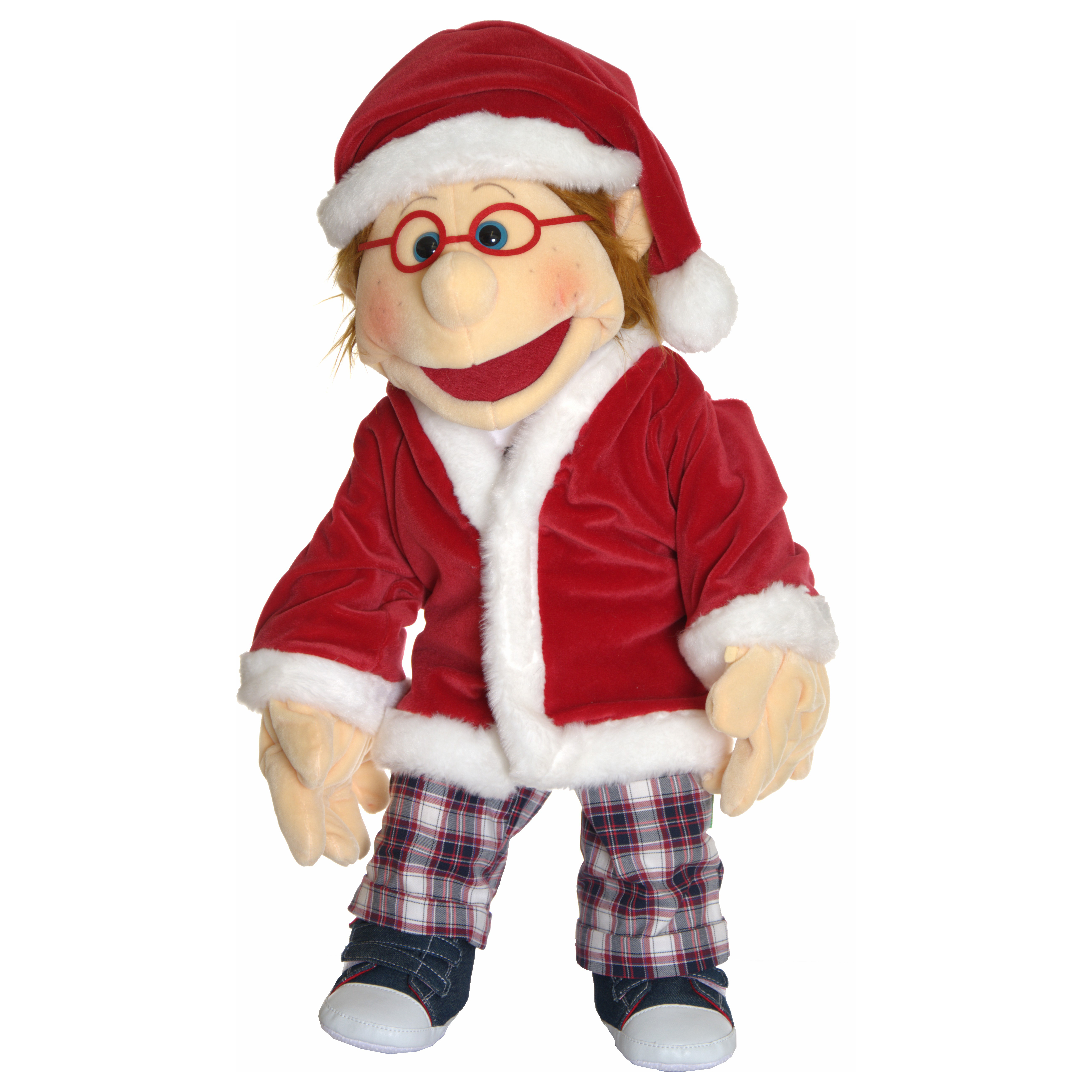 Living Puppets Weihnachtsmann-Kleidungsset für Handpuppen, rote Jacke und Mütze mit weißem Plüschrand, getragen von einer Handpuppe