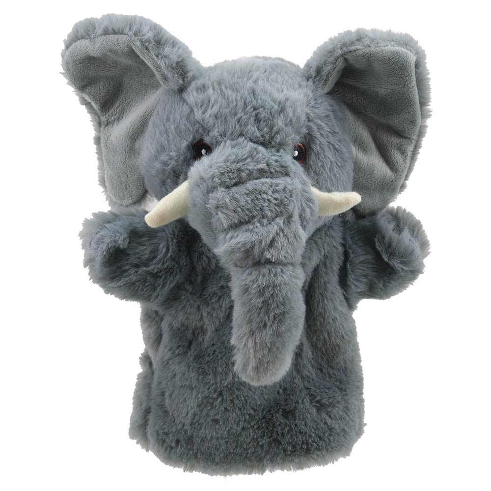 The Puppet Company hand puppet elephant, grey figure with large ears and white tusks, front view