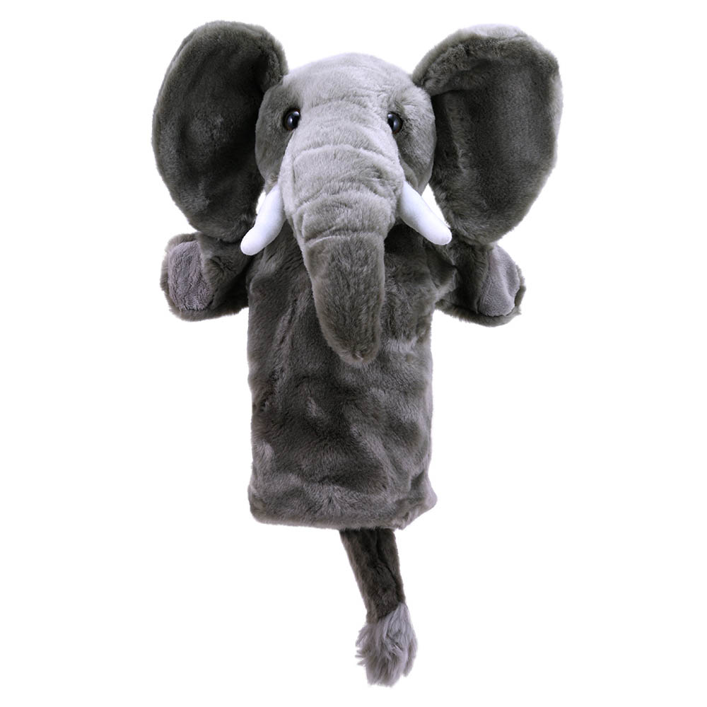 The Puppet Company Baby-Handpuppe Elefant, graue Handpuppe mit großen Ohren und weißen Stoßzähnen, Frontansicht