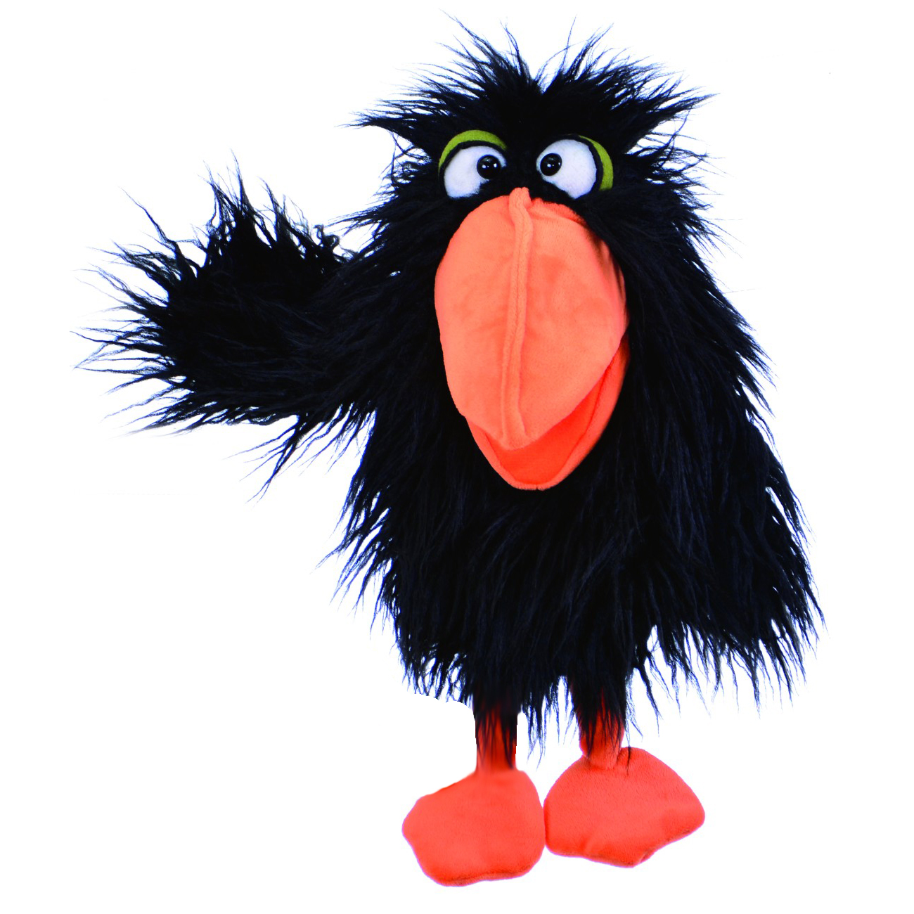 Living Puppets Handpuppe Thank You der Rabe mit schwarzem Zottelgefieder, orangefarbenem Schnabel und Füßen, einen Flügel erhoben