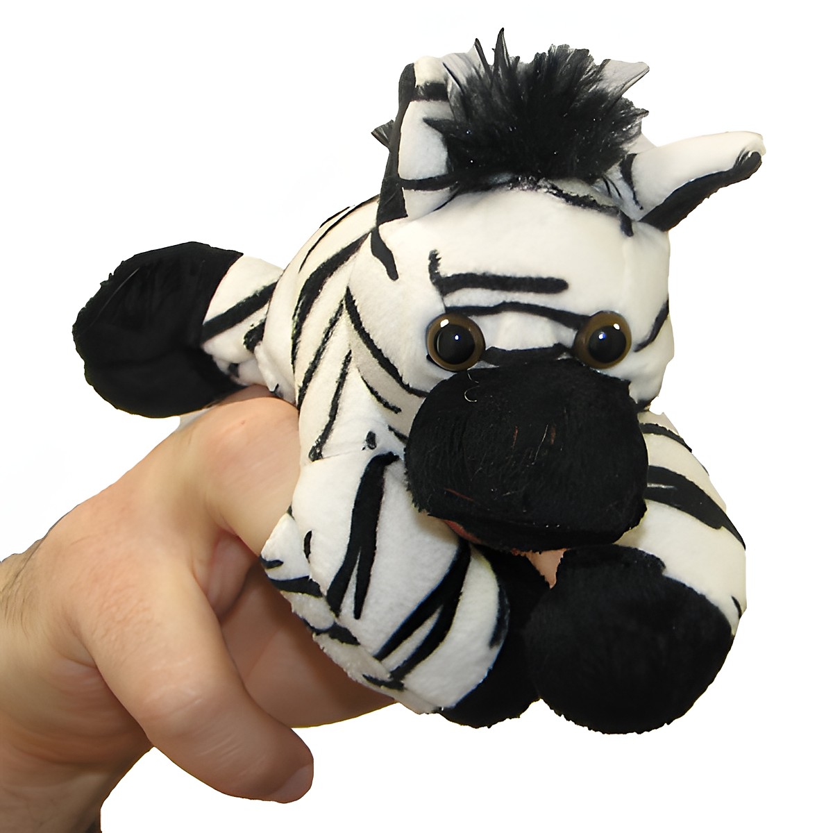 The Puppet Company Fingerpuppe Zebra, schwarz-weißes Zebra auf einer Hand, Seitenansicht