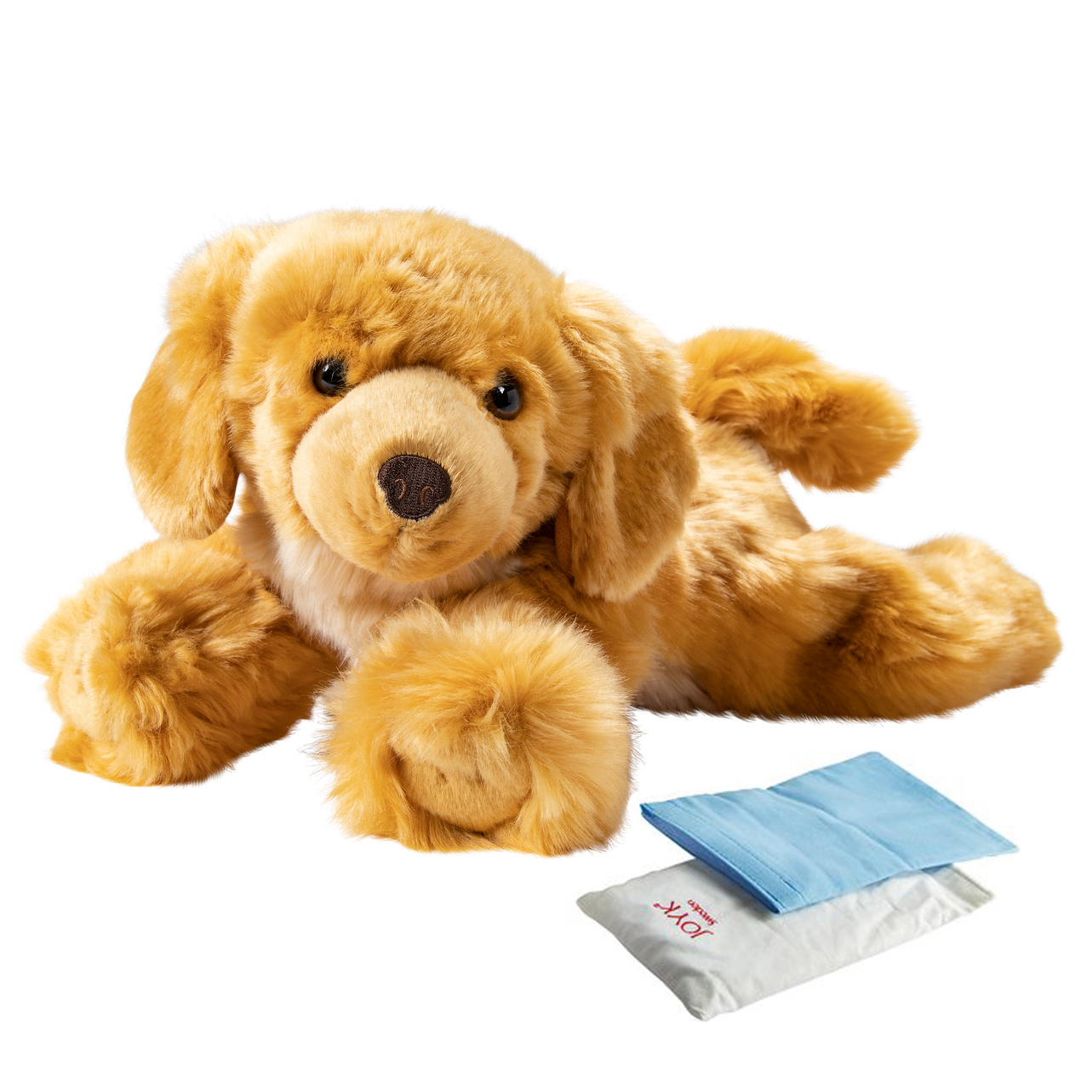 Joyk empathy doll Brando: golden-brown dog lying down, with accompanying cushion