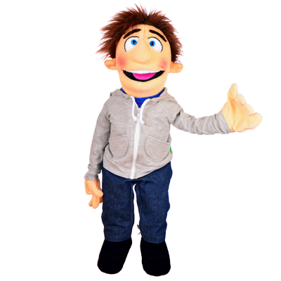 Living Puppets Handpuppe Herr Sunday mit brauner Tolle, grauer Kapuzenjacke und Jeans