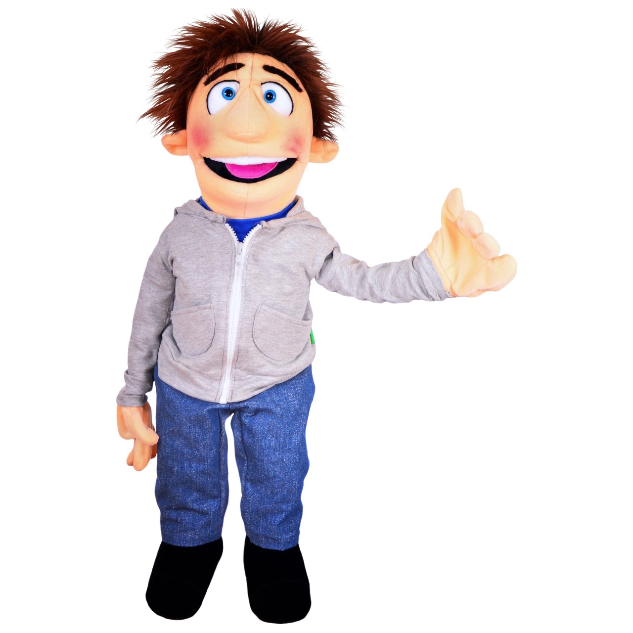 Living Puppets Handpuppe Herr Sunday mit brauner Tolle, grauer Kapuzenjacke und Jeans