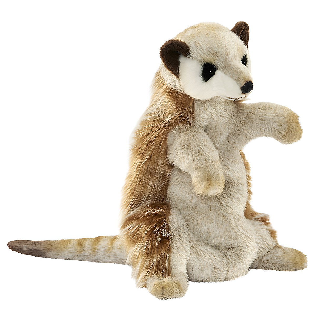 Erdmännchen Handpuppe von Hansa Creation mit sandfarbenem Fell und dunklen Augenflecken, aufrecht