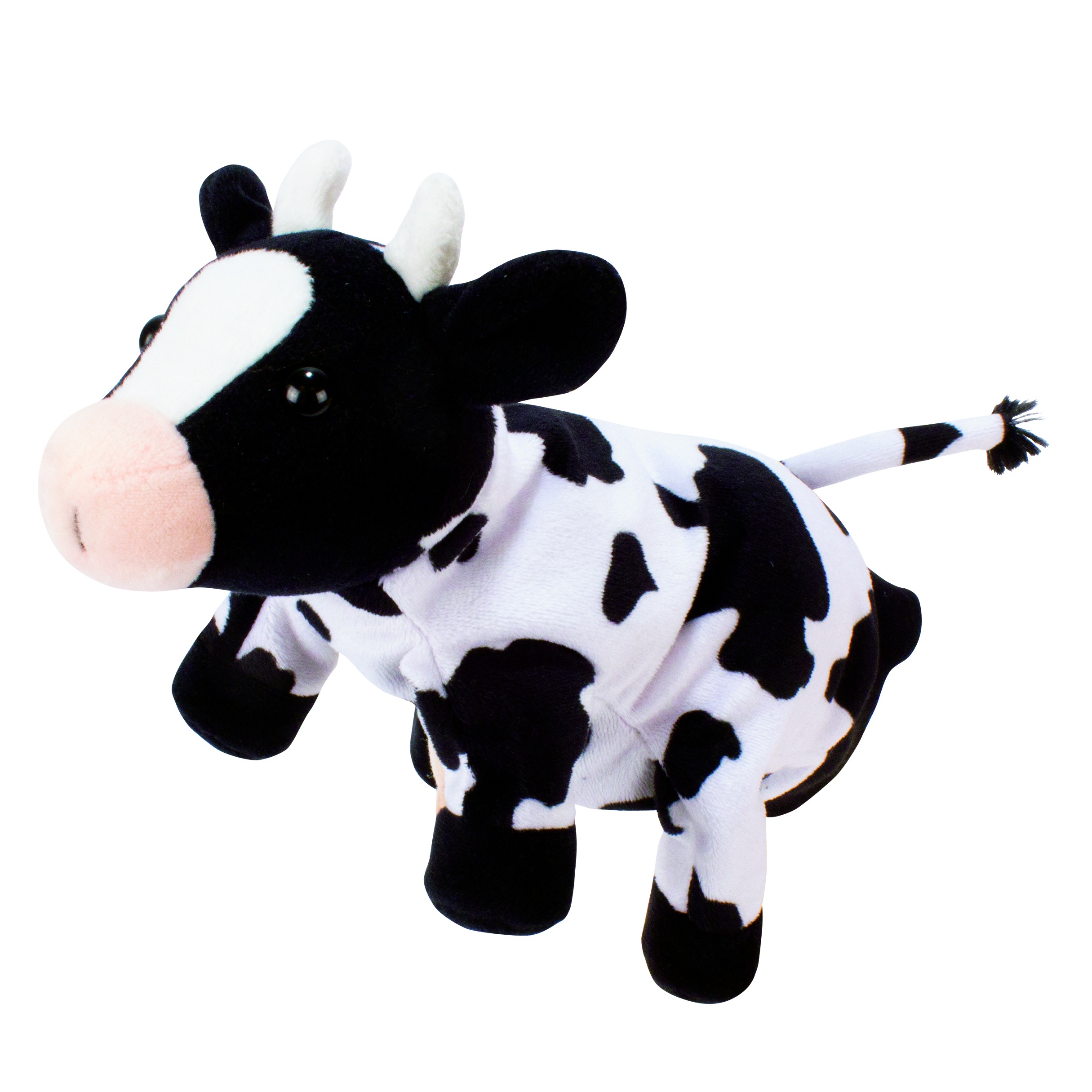 Beleduc hand puppet cow with black and white spotted fur, a pink nose and small horns