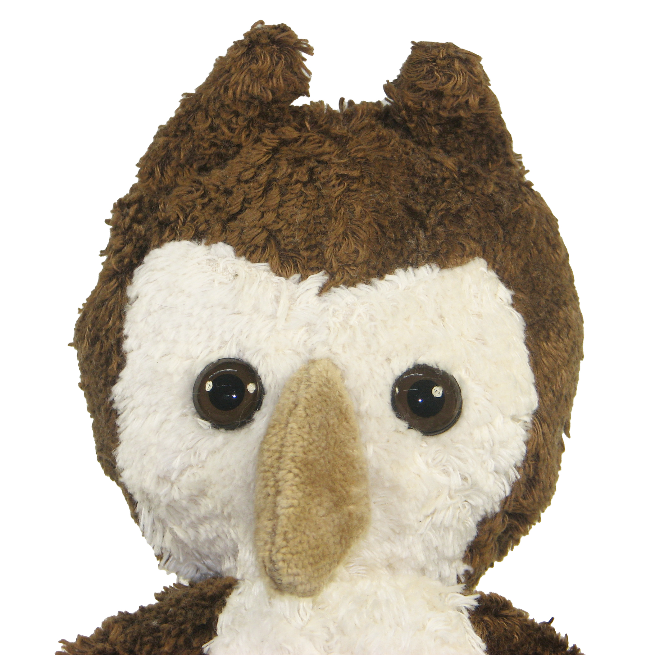 Kallisto Handpuppe Eule braun, Gesichtsnahaufnahme mit weißer Gesichtsscheibe und braunem Fell