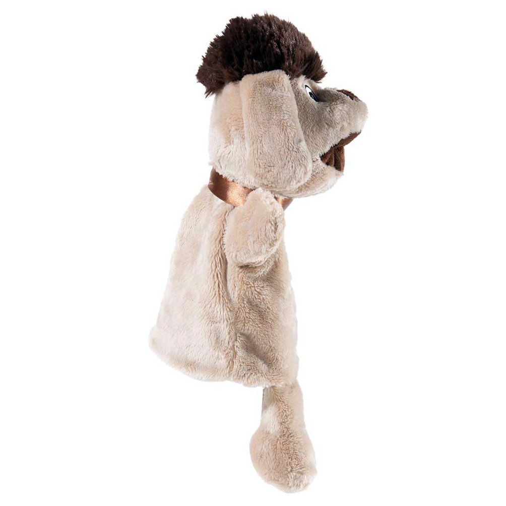 Heunec Handpuppe Hund Moppi, beige Plueschpuppe im Profil mit braunem Haarschopf und Schlappohr