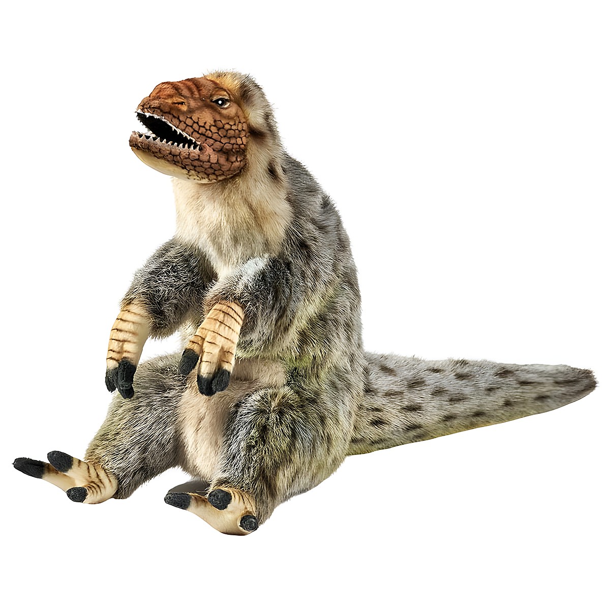 Yutyrannus Handpuppe von Hansa Creation mit geflecktem graubraunem Federkleid und geöffnetem Maul
