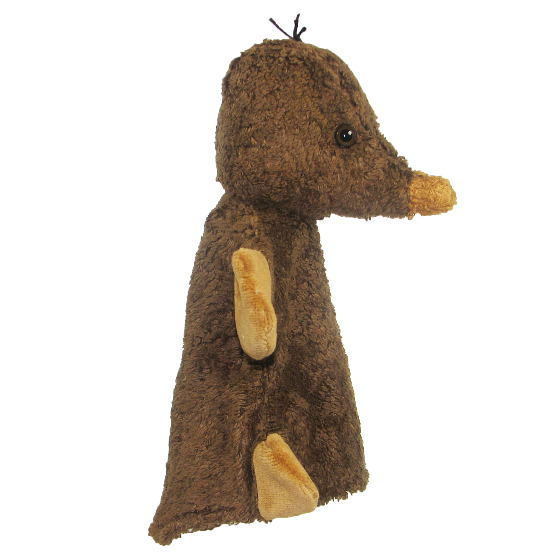 Kallisto Handpuppe Maulwurf Seitenansicht, braune Handpuppe aus Naturmaterial mit spitzer Schnauze und beigen Grabpfoten