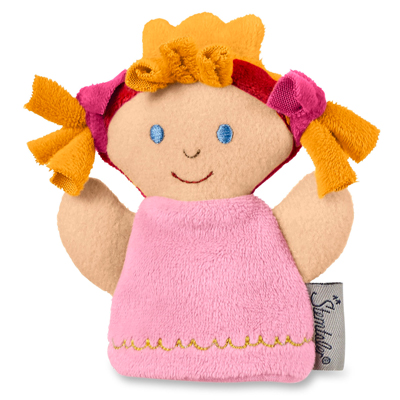 Sterntaler finger puppet princess, yellow crown, orange braids with pink bows and a pink dress