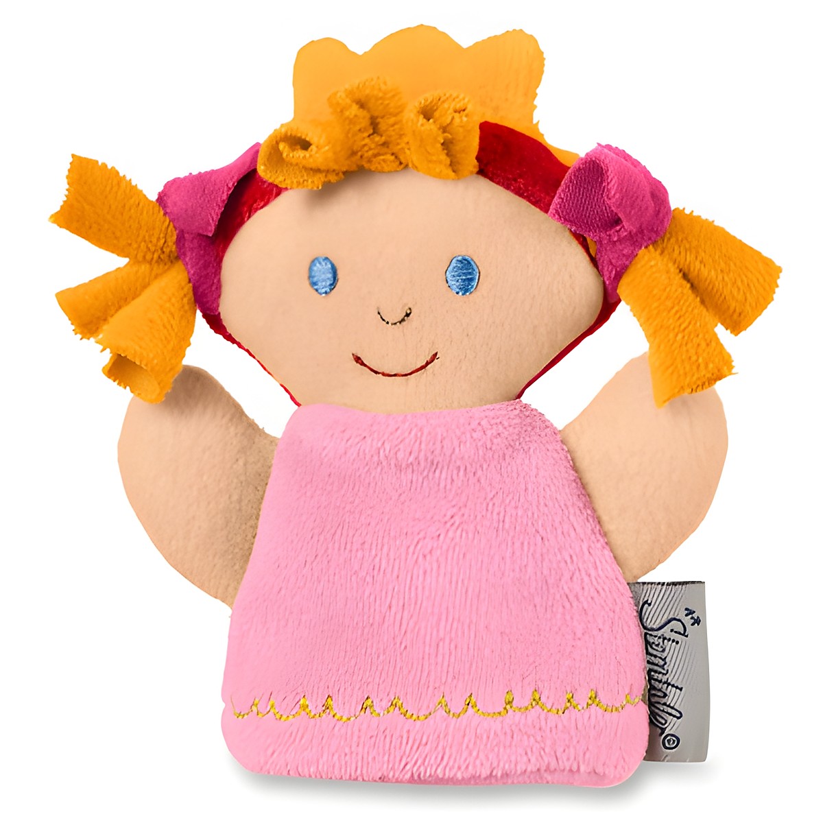 Sterntaler Fingerpuppe Prinzessin, gelbe Krone, orangefarbene Zöpfe mit pinken Schleifen und rosa Kleid