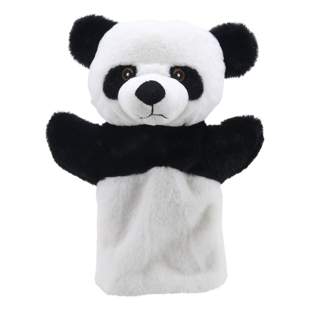 The Puppet Company Baby-Handpuppe Panda, weiße Handpuppe mit schwarzen Ohren und schwarzer Armbinde, Frontansicht