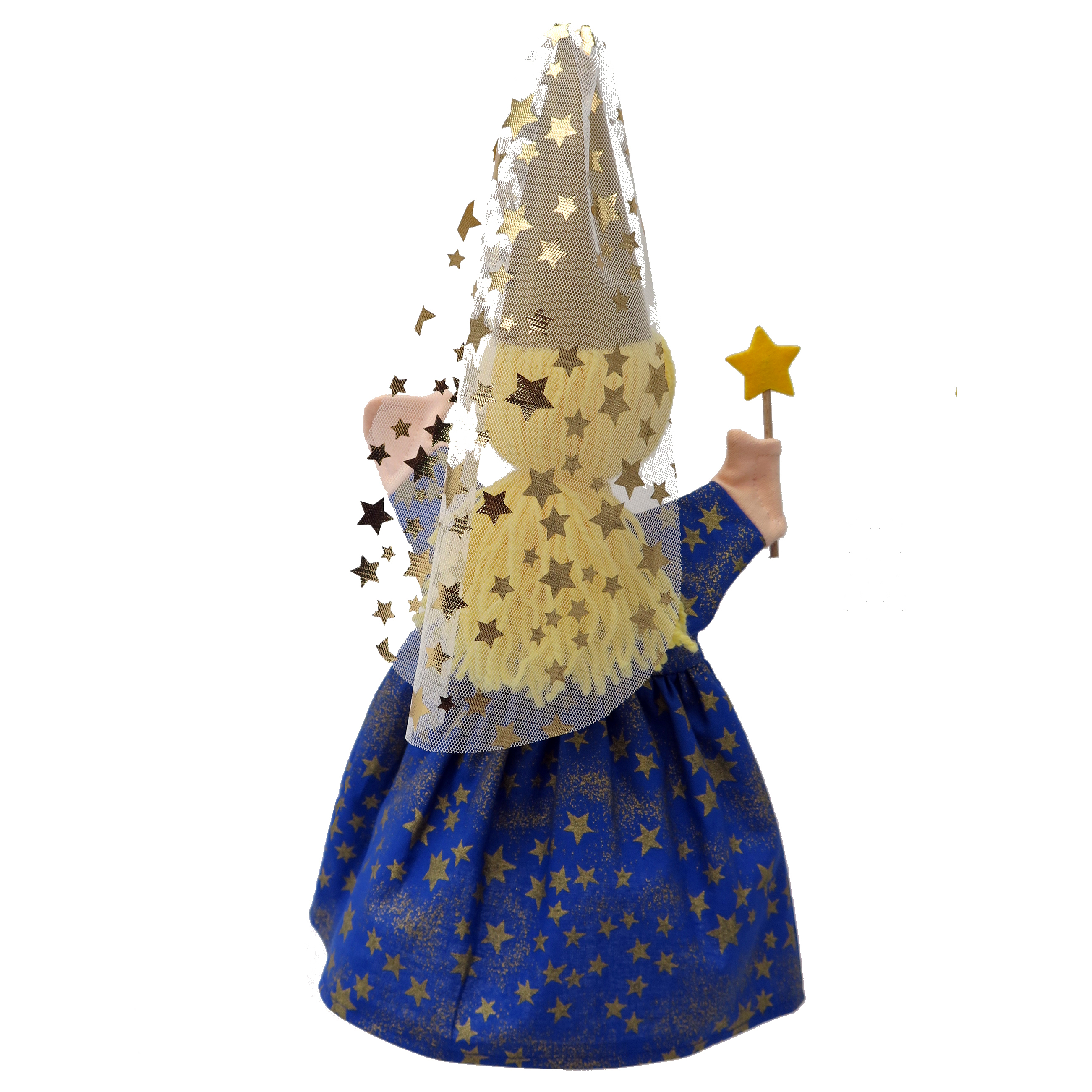 Punch and Judy puppet midnight fairy by munabo seen from the back with star veil and blue star dress