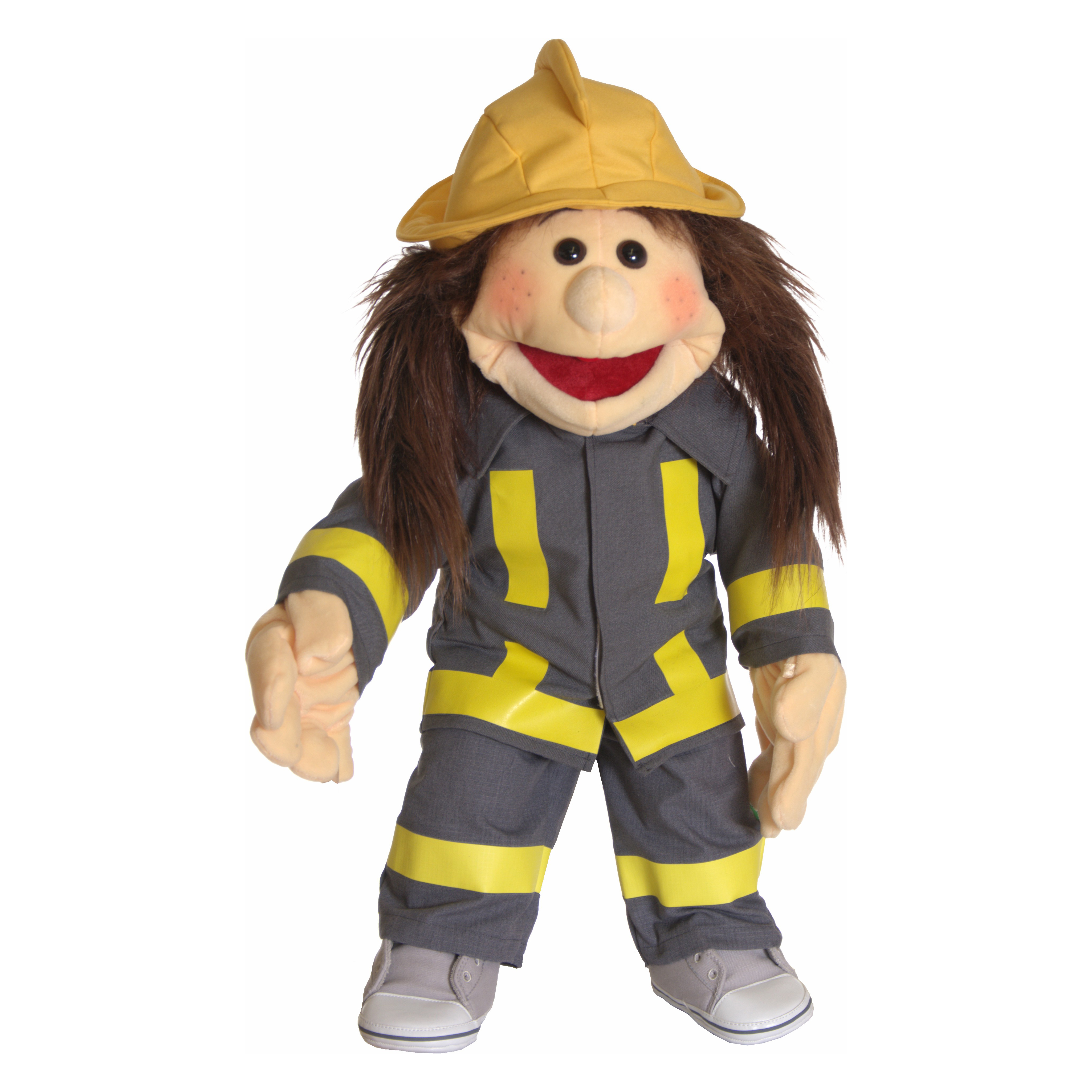 Feuerwehr-Kleidungsset für Living Puppets Handpuppen (65 cm): graue Jacke und Hose mit Reflexstreifen und gelbem Helm