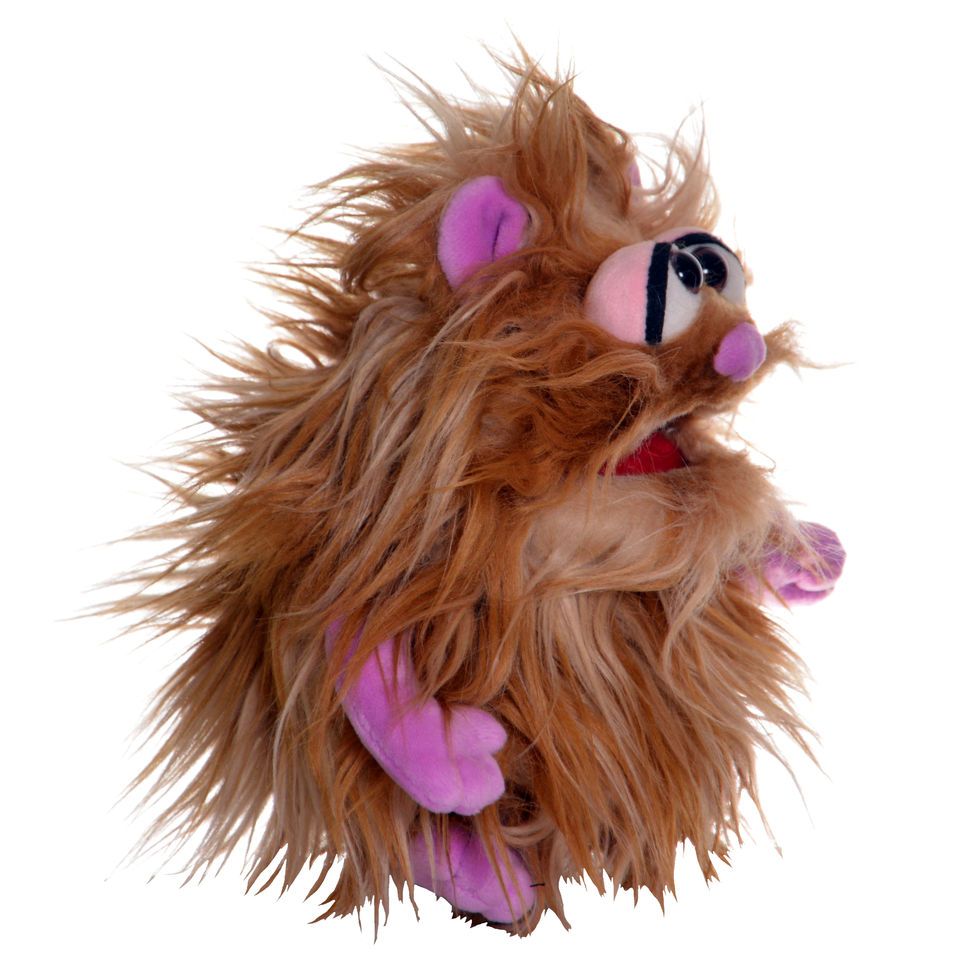 Living Puppets hand puppet Tute, light brown shaggy monster with pink hands and feet, side view