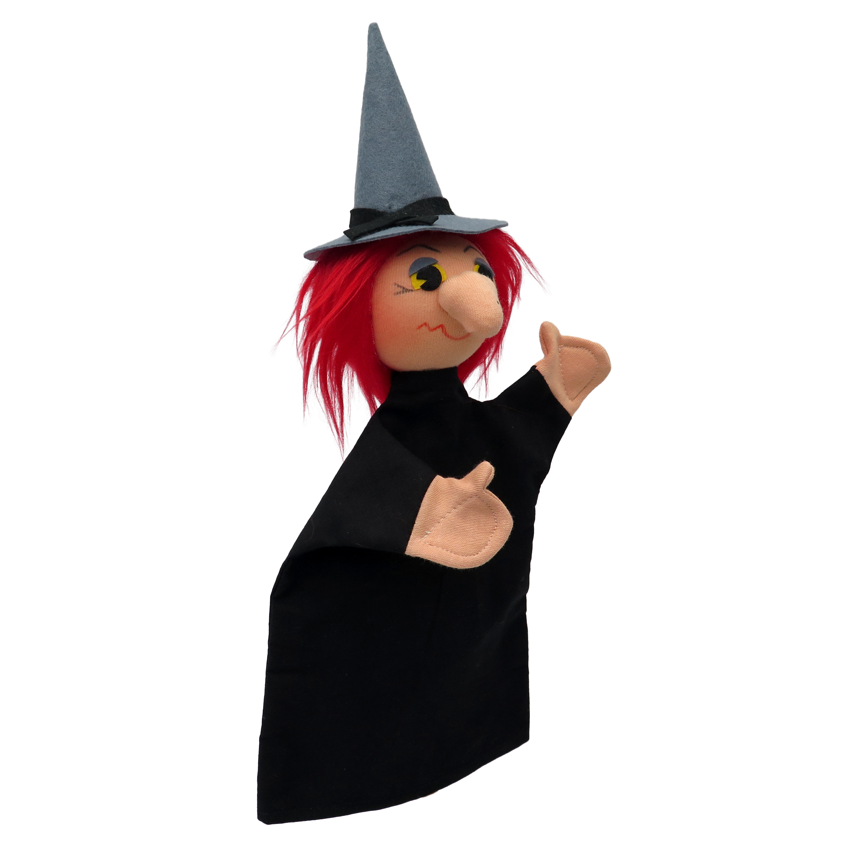 Punch and Judy puppet witch in black by munabo with red hair and a grey pointed hat, side view
