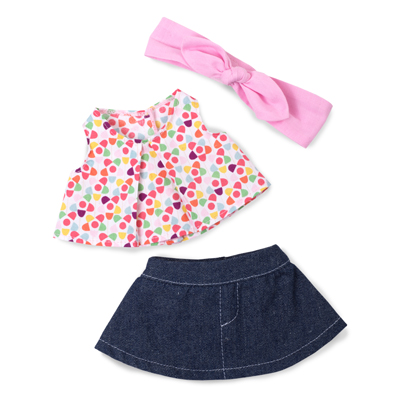 Summer outfit for Rubens Cutie dolls: patterned top, denim skirt and pink hairband