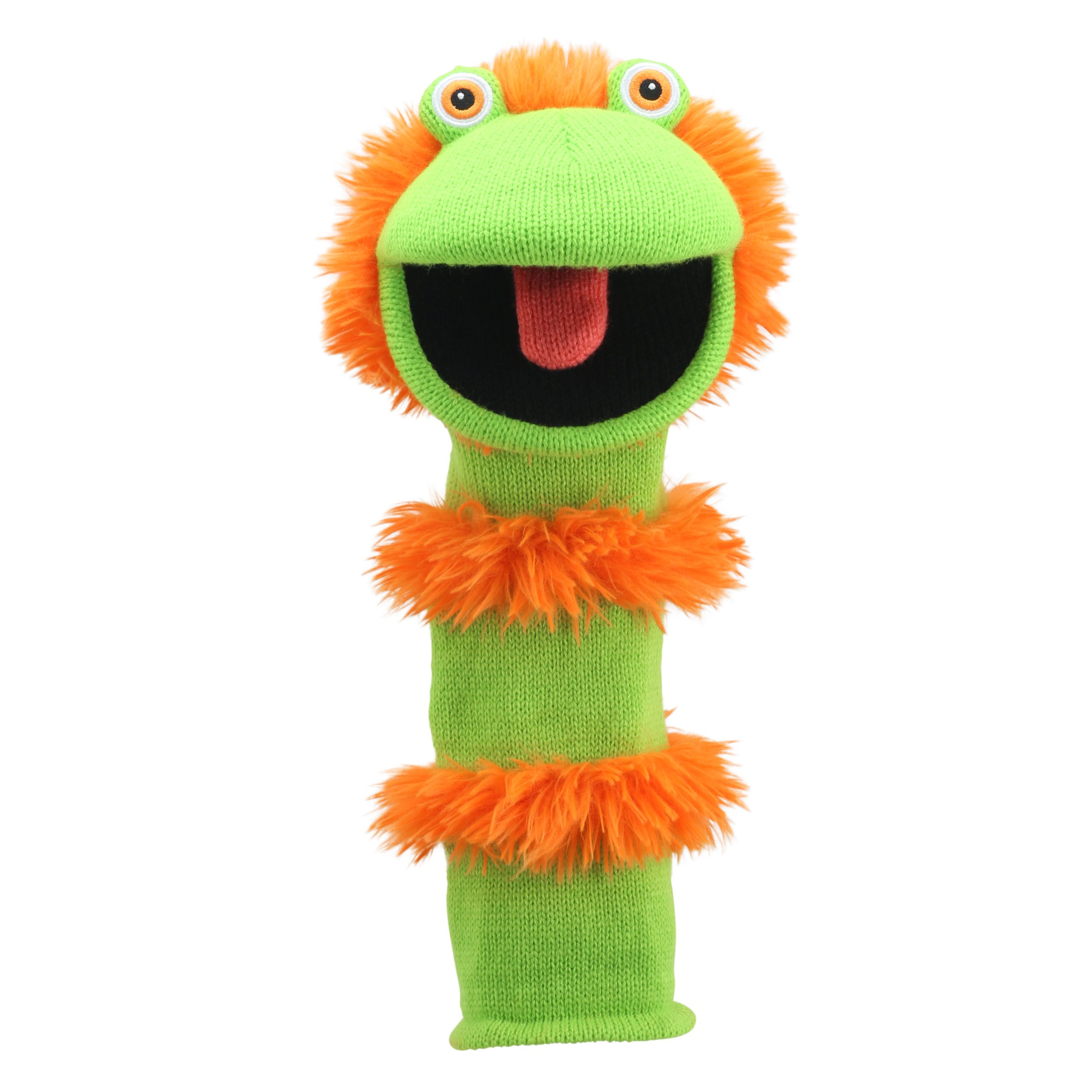 The Puppet Company sock puppet Ginger, green monster with an orange fur collar and a wide open mouth