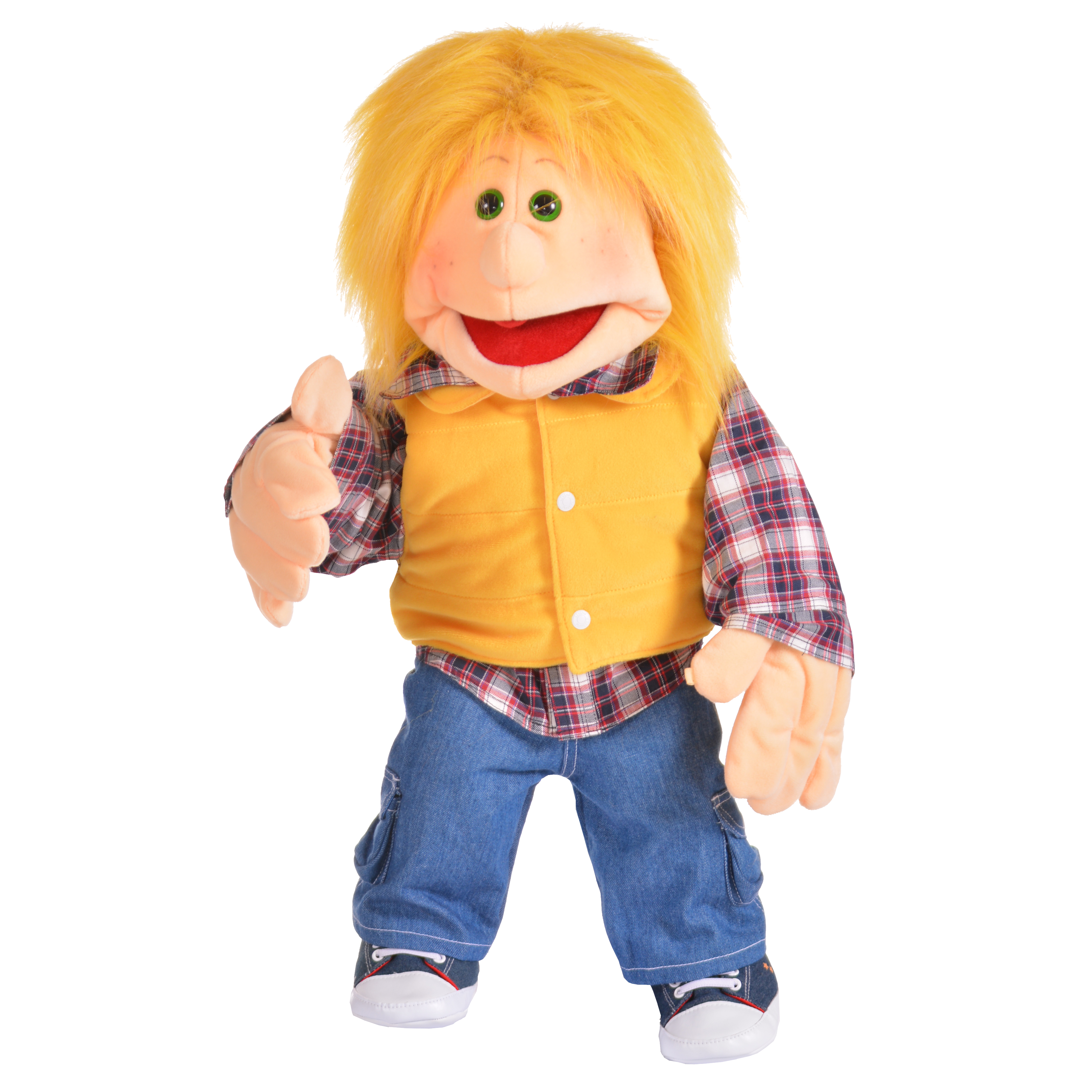 Living Puppets Handpuppe Melvin mit gelben Haaren, gelber Weste über kariertem Hemd und Jeans, mit erhobenem Daumen