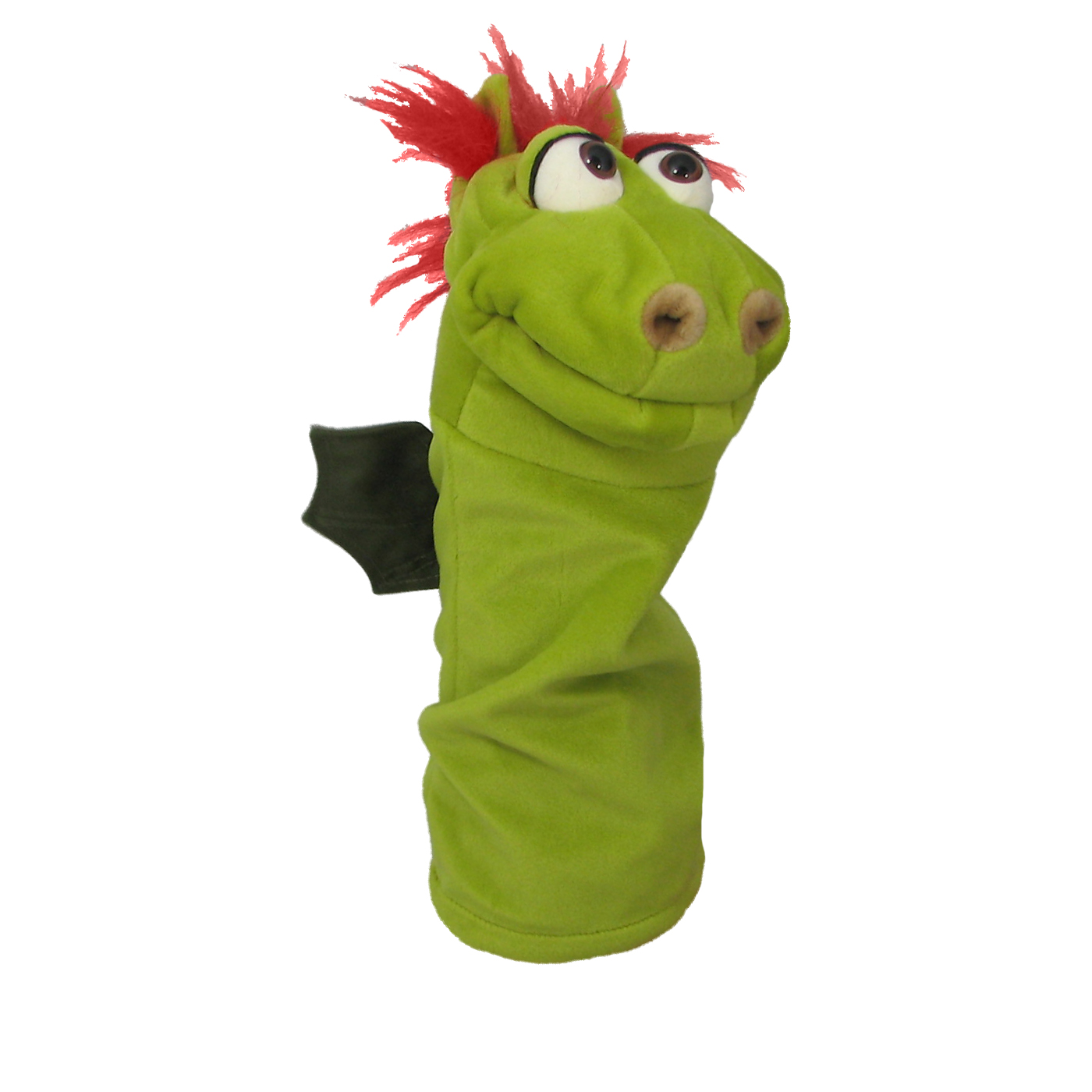 Living Puppets Strumpfhandpuppe Gregor der Drache, grün mit rotem Haarschopf und Flügeln, geschlossenes Maul, Seitenansicht