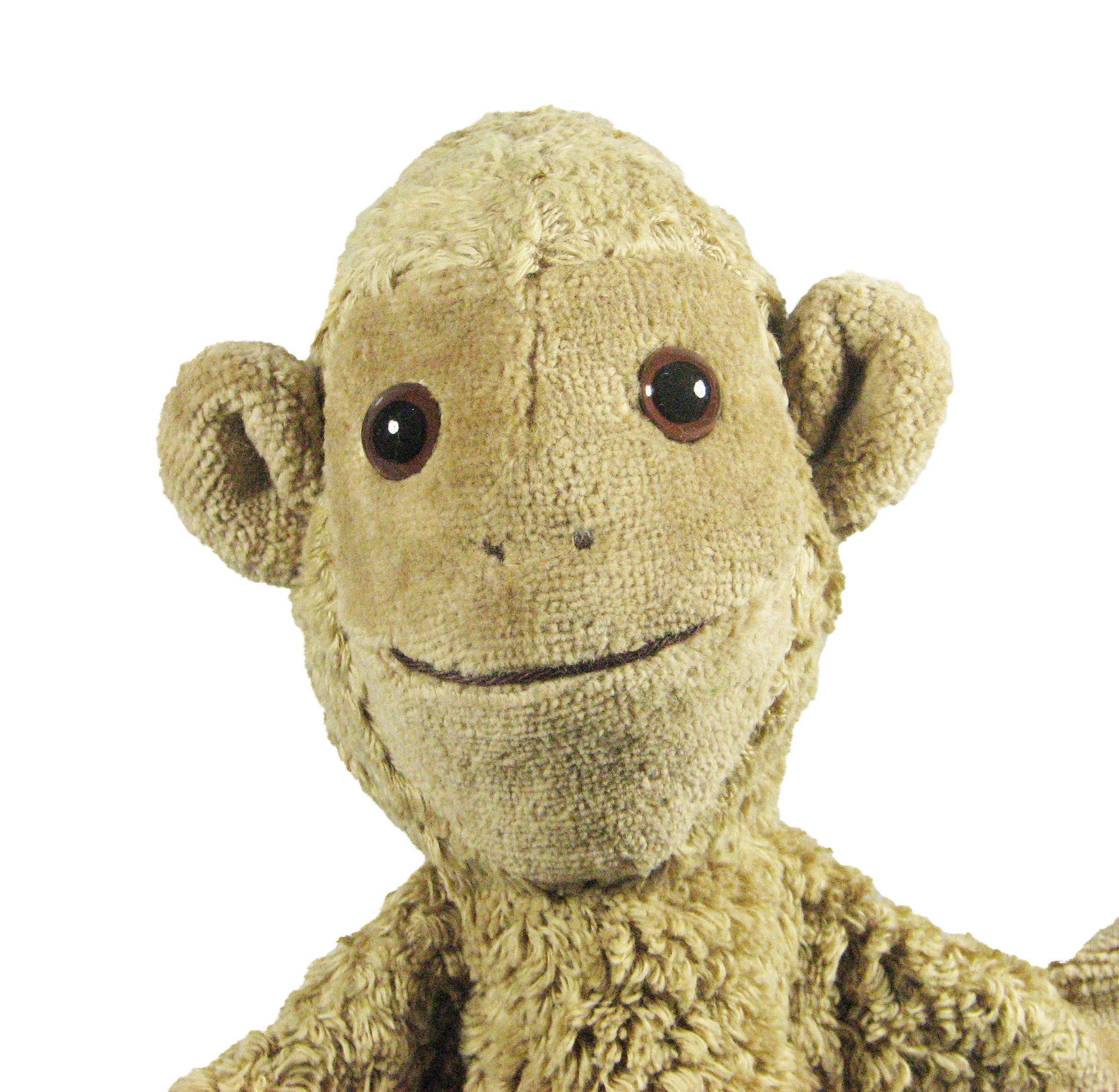 Kallisto Handpuppe Affe hellbraun, Gesichtsnahaufnahme mit beigem Fell und dunklen Augen