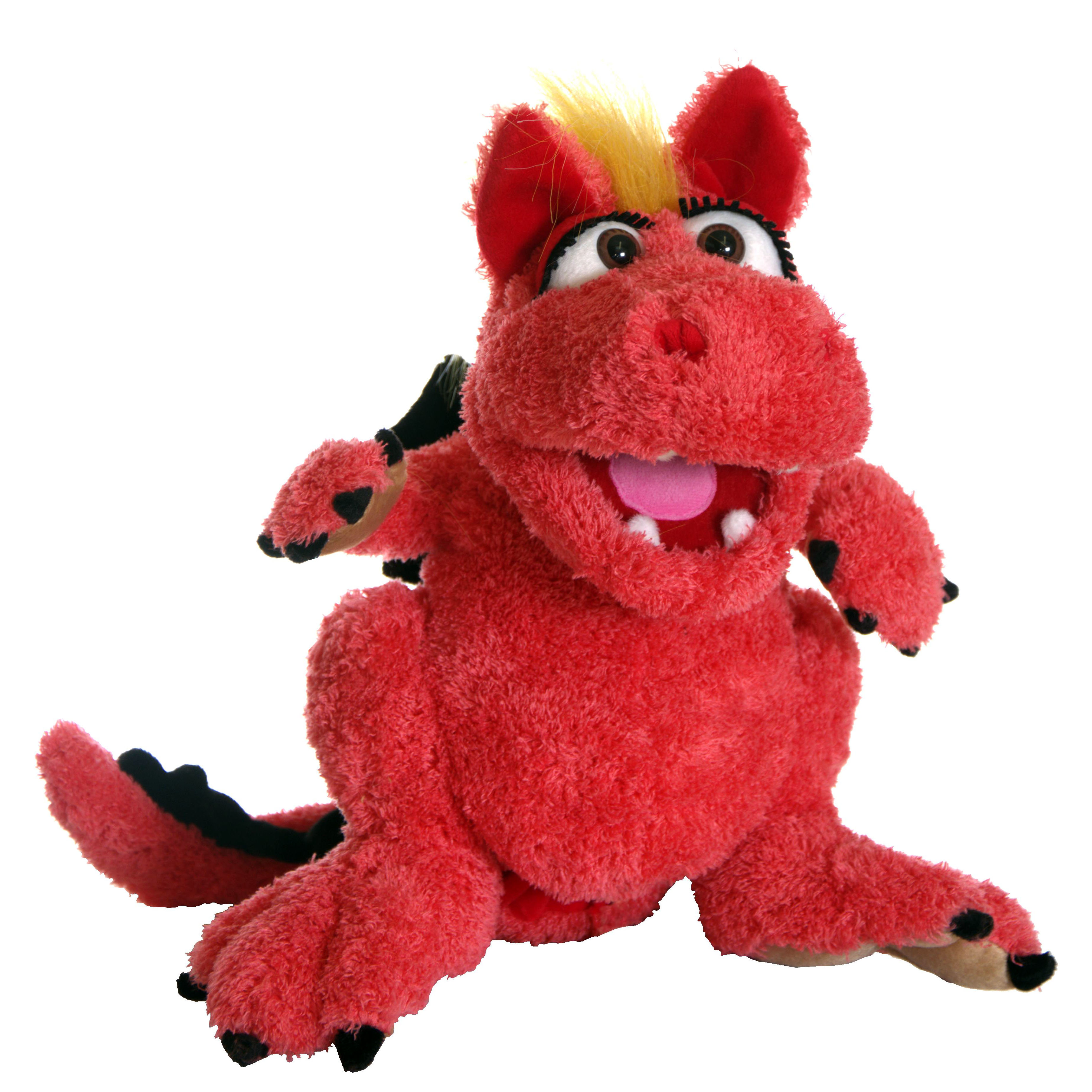 Living Puppets Handpuppe Drache Elsa in Rot mit gelbem Schopf und kleinen Zähnen