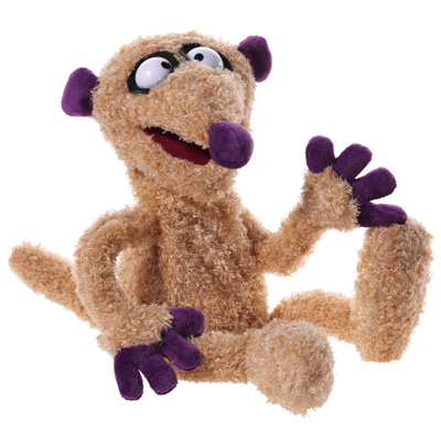 Heunec hand puppet meerkat Jan, beige plush character with purple ears, purple nose and purple hands, seated