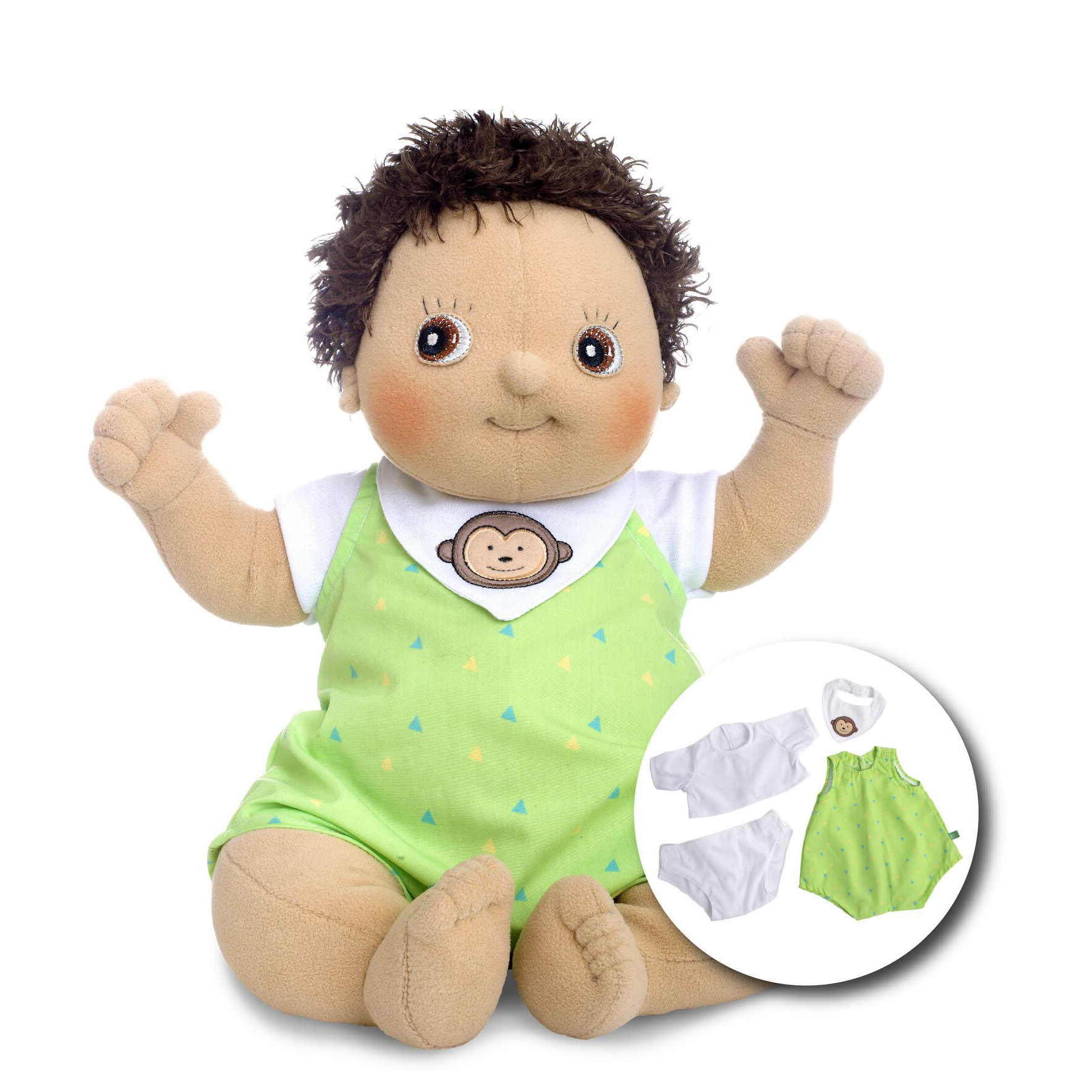 Rubens Barn baby doll Max with brown curls in a green romper with monkey bib
