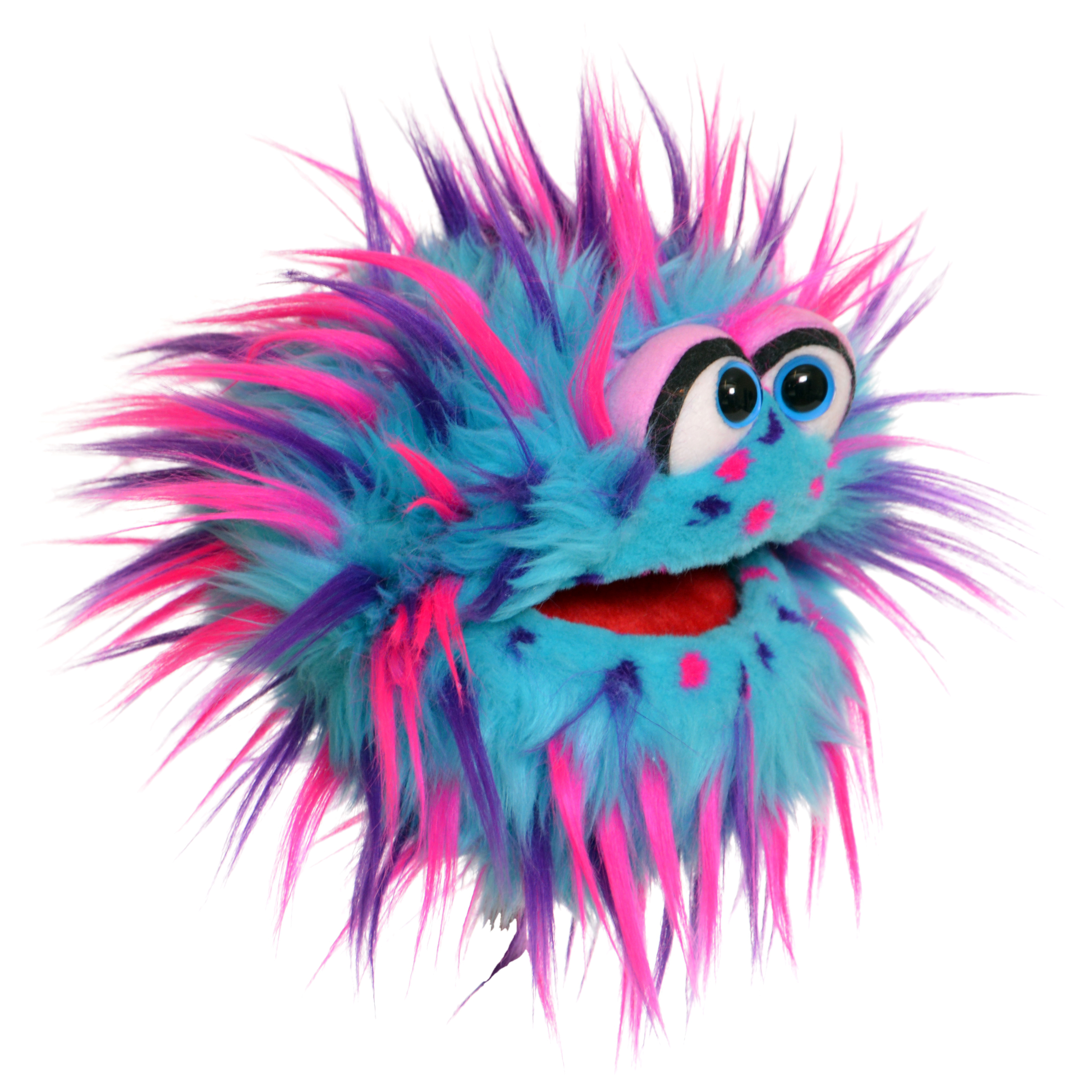 Living Puppets Handpuppe Plops, blaues Zottelmonster mit rosa-lila Strähnen, Blick zur Seite, Dreiviertelansicht