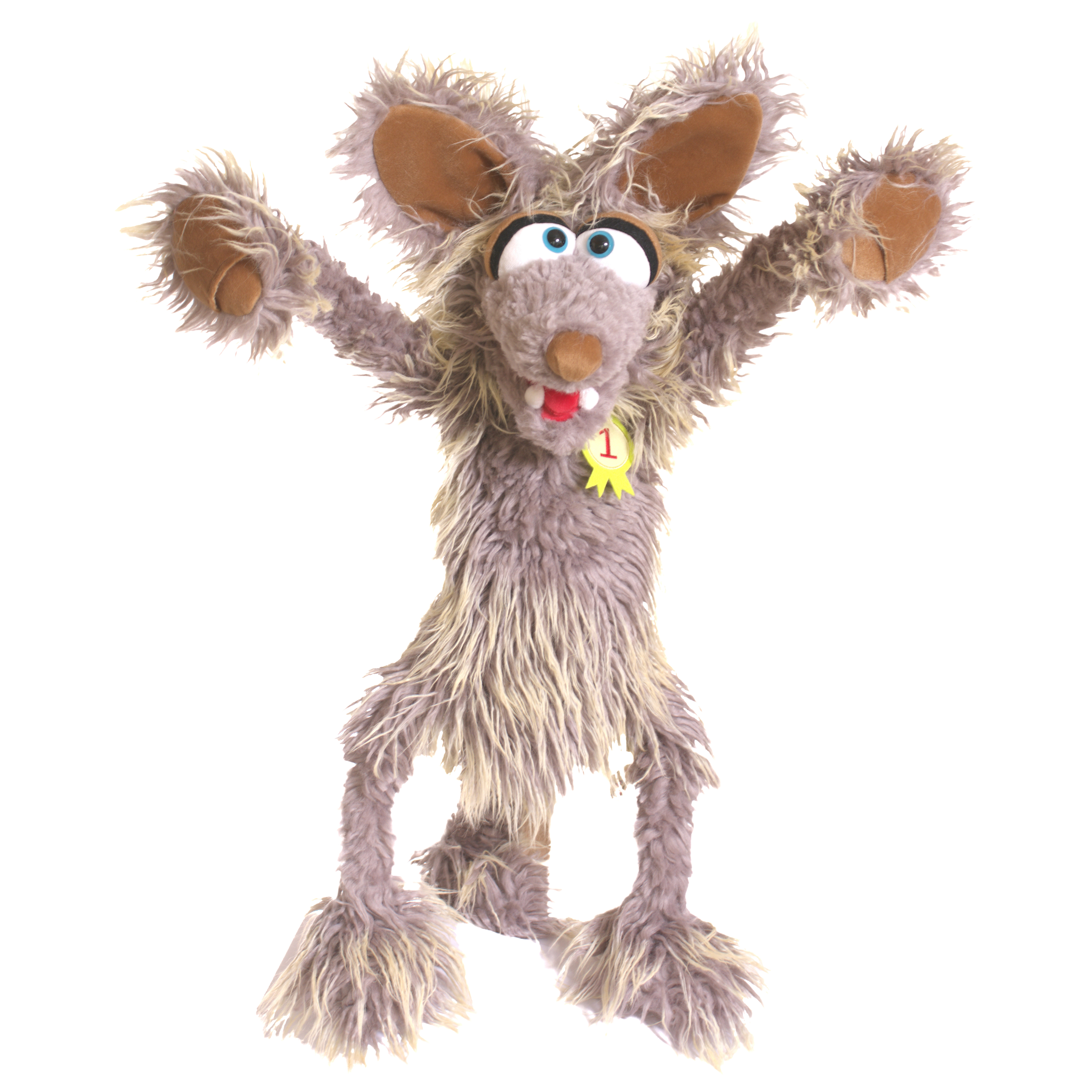Living Puppets hand puppet Jörg Schlawenski: shaggy coyote with big ears and medal