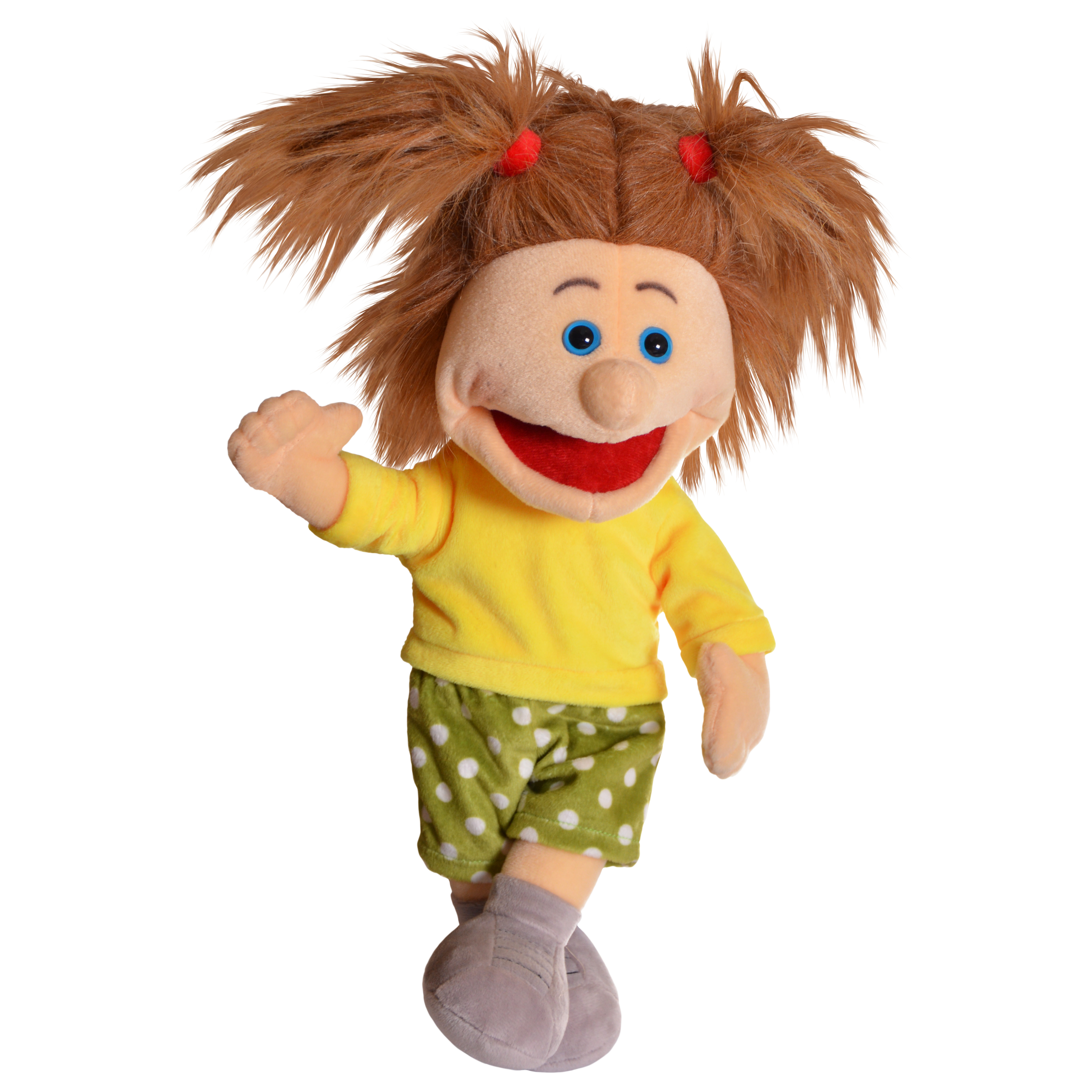 Living Puppets mini hand puppet Hanne with brown pigtails, yellow shirt and dotted shorts
