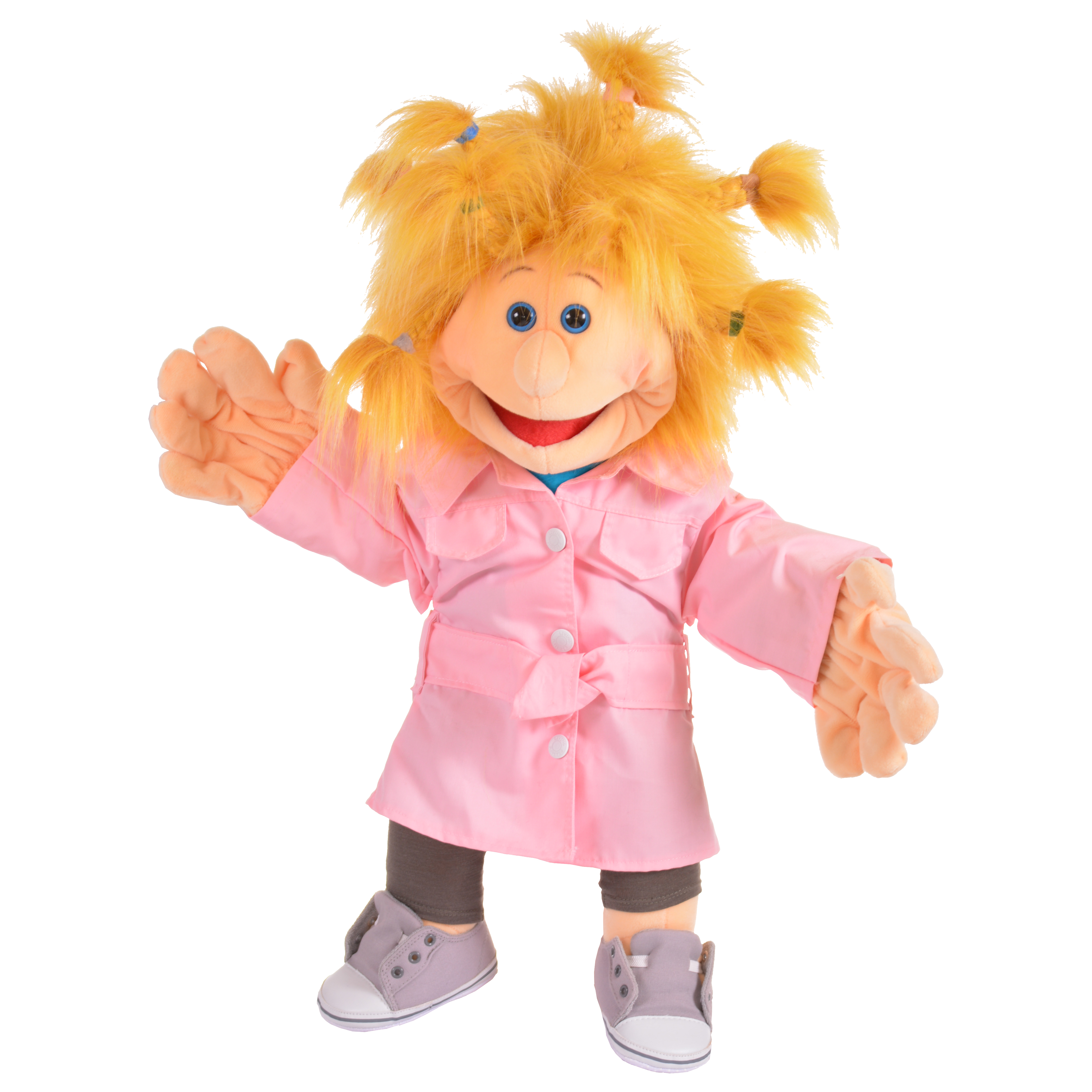 Living Puppets hand puppet Mirka with blonde pigtails in a pink belted trench coat, arms spread wide