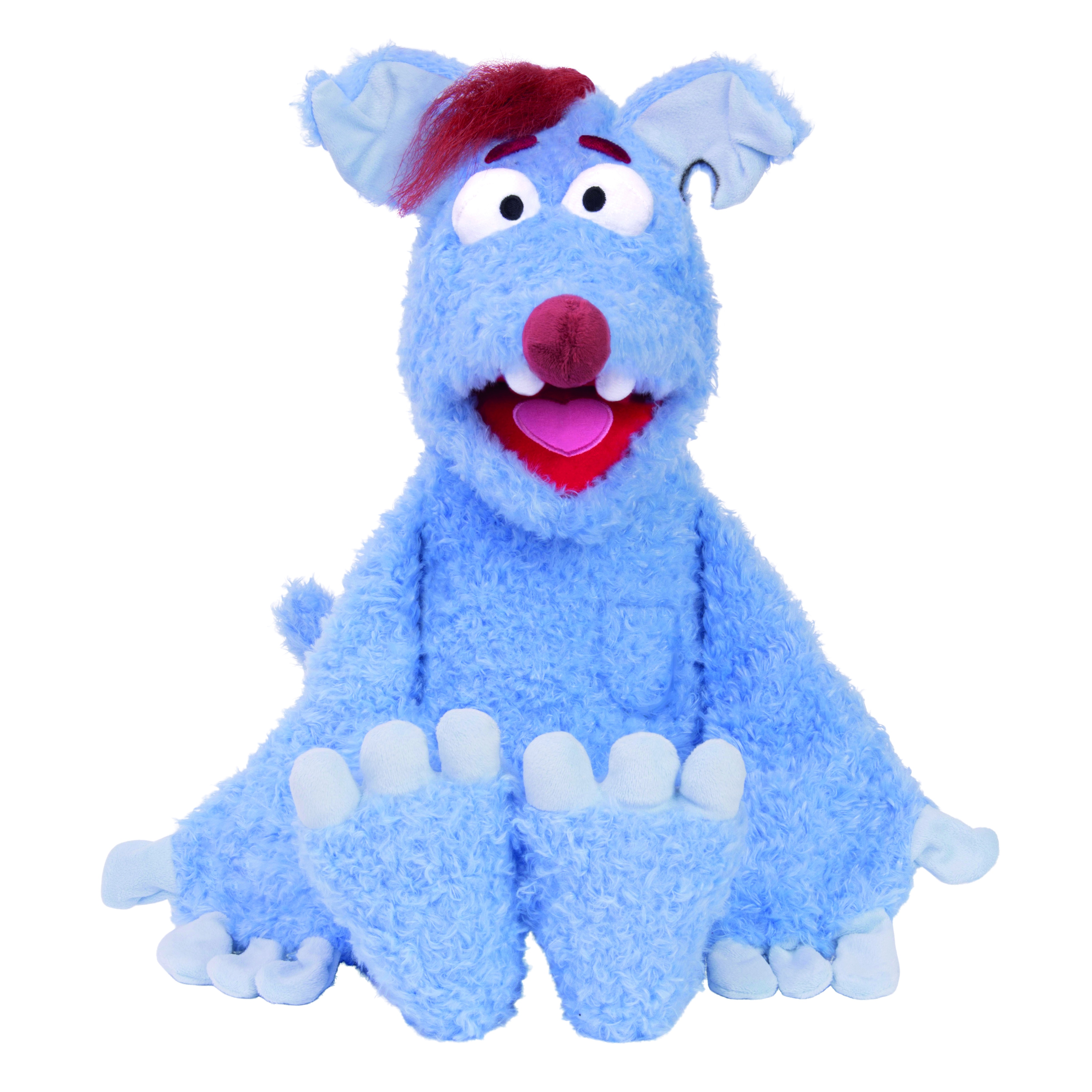 Living Puppets Handpuppe Woozle aus Woozle Goozle, hellblaues Fellwesen mit rotem Haarschopf, sitzend mit großen Füßen nach vorn