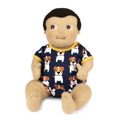Rubens Barn baby doll Max in the Maxomorra outfit with dog pattern, sitting