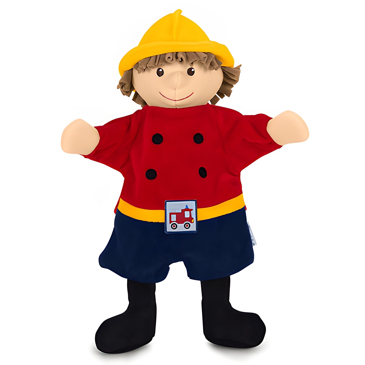 Sterntaler Baby-Handpuppe Feuerwehrmann, gelber Helm, rotes Oberteil und Feuerwehrauto-Emblem am Gürtel