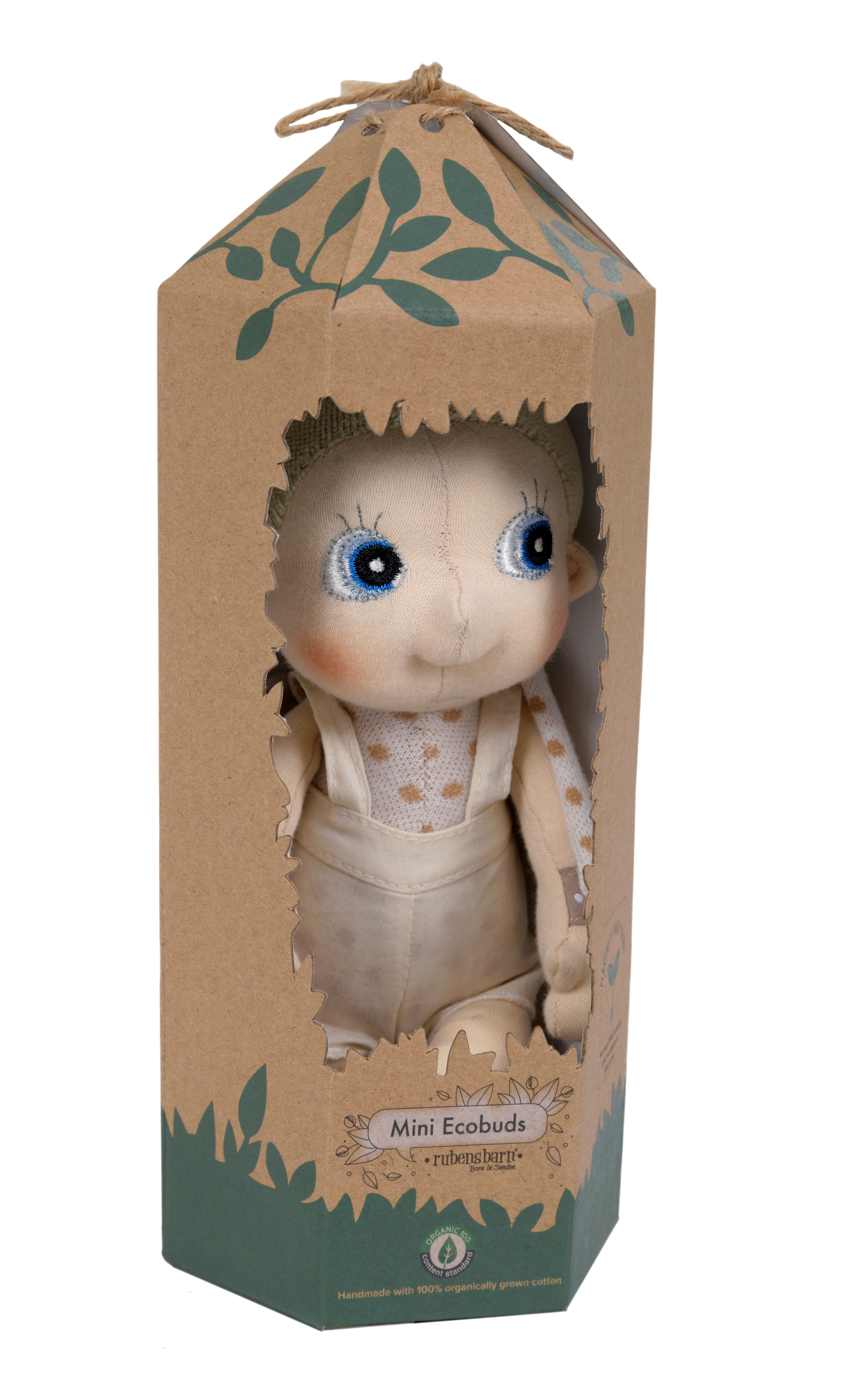 Rubens EcoBuds mini doll Elm in the natural cardboard packaging