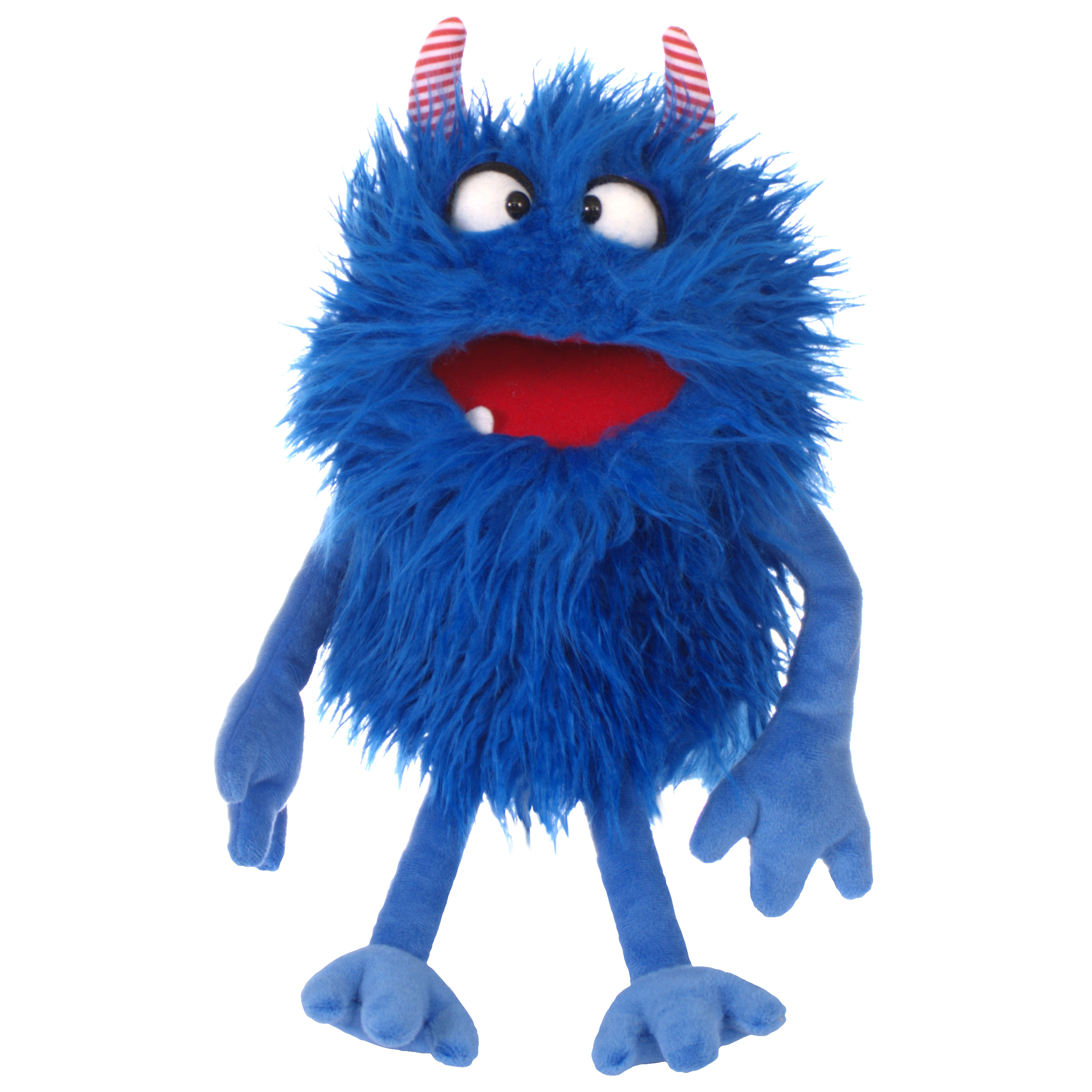 Living Puppets Handpuppe Schmackes aus der Serie Monster to go, blaues Zottelmonster mit rot-weiß gestreiften Hörnern, stehend