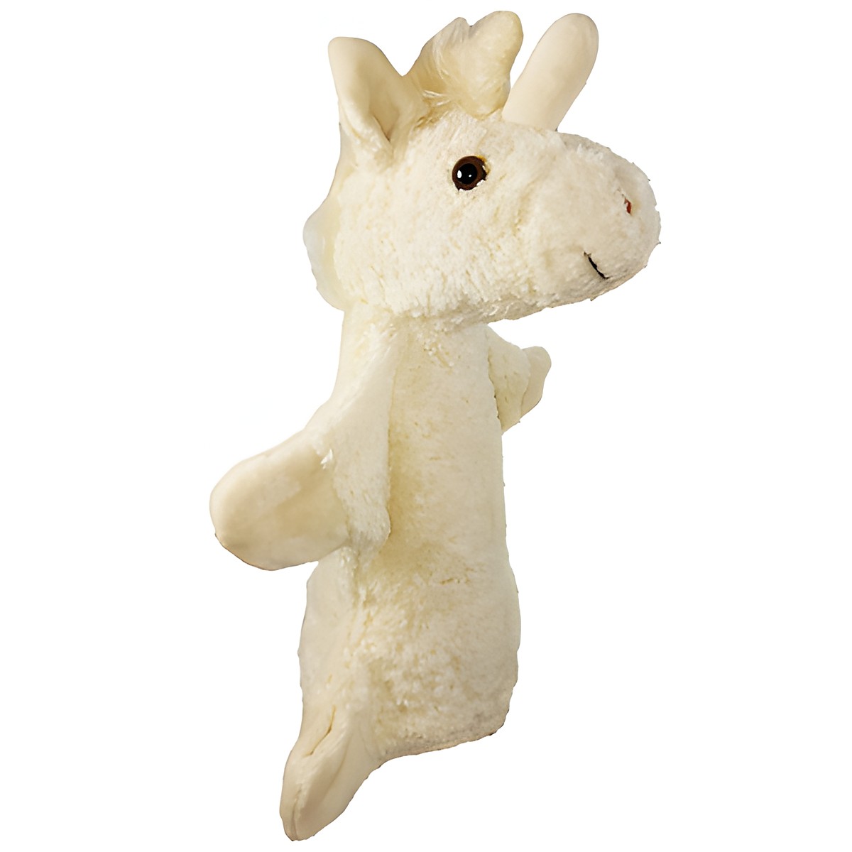 Kallisto hand puppet unicorn, side view with upright ears and cream fur