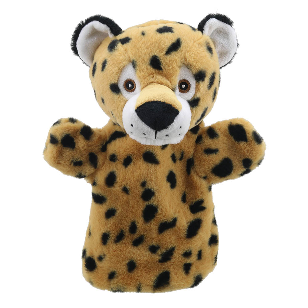 The Puppet Company baby hand puppet leopard, light brown puppet with black spots and a white muzzle, front view