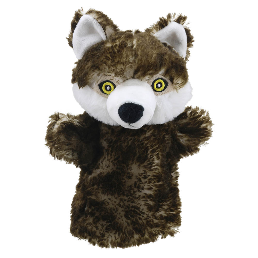 The Puppet Company Baby-Handpuppe Wolf, grau-brauner Wolf mit weißer Schnauze, weißer Brust und gelben Augen