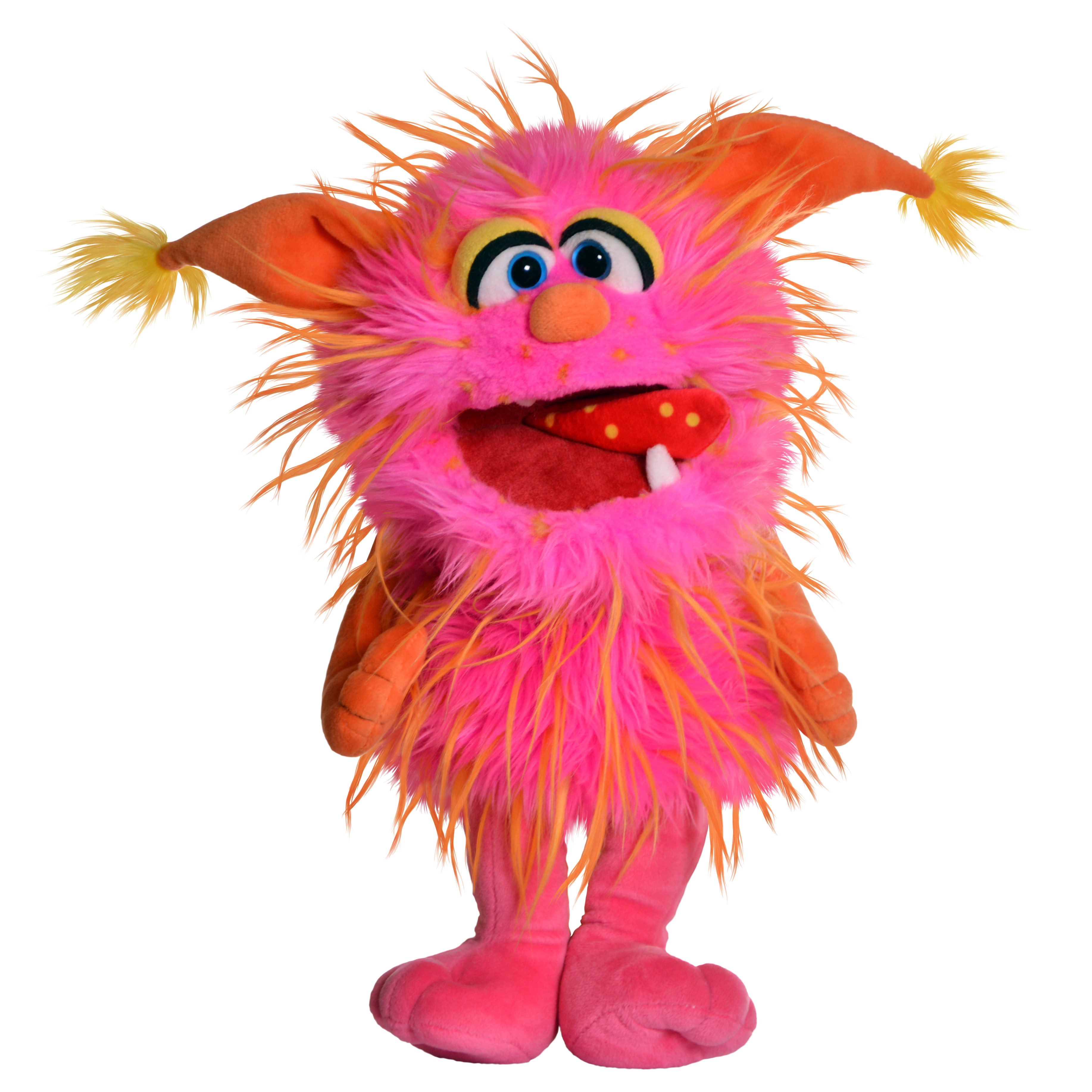 Living Puppets Handpuppe Schmackofatz aus der Serie Monster to go, pinkes Zottelmonster mit orangefarbenen Ohren und gepunkteter Zunge