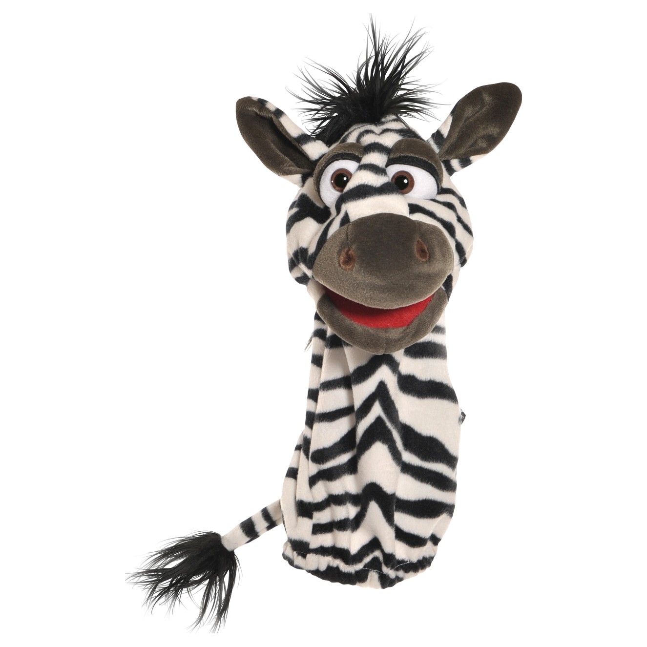 Living Puppets Strumpfhandpuppe Zebra aus der Quasselwurm-Reihe, schwarz-weiß gestreift mit dunkler Mähne und geöffnetem Mund