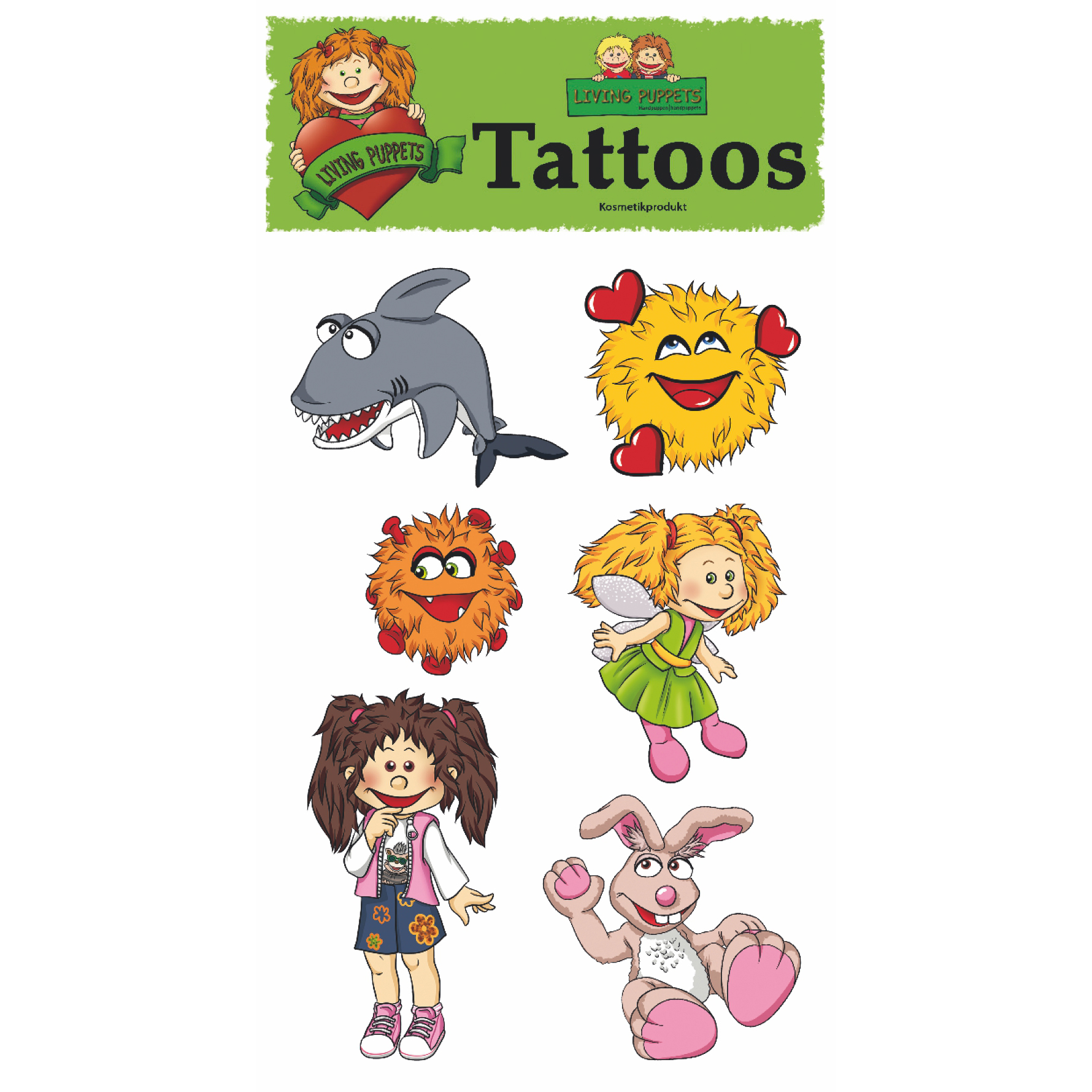 Living Puppets Kinder-Tattoos Monique und Freunde mit sechs Motiven, darunter Hai, Monster, Fee und Hase, Tattoo-Bogen in Verpackung